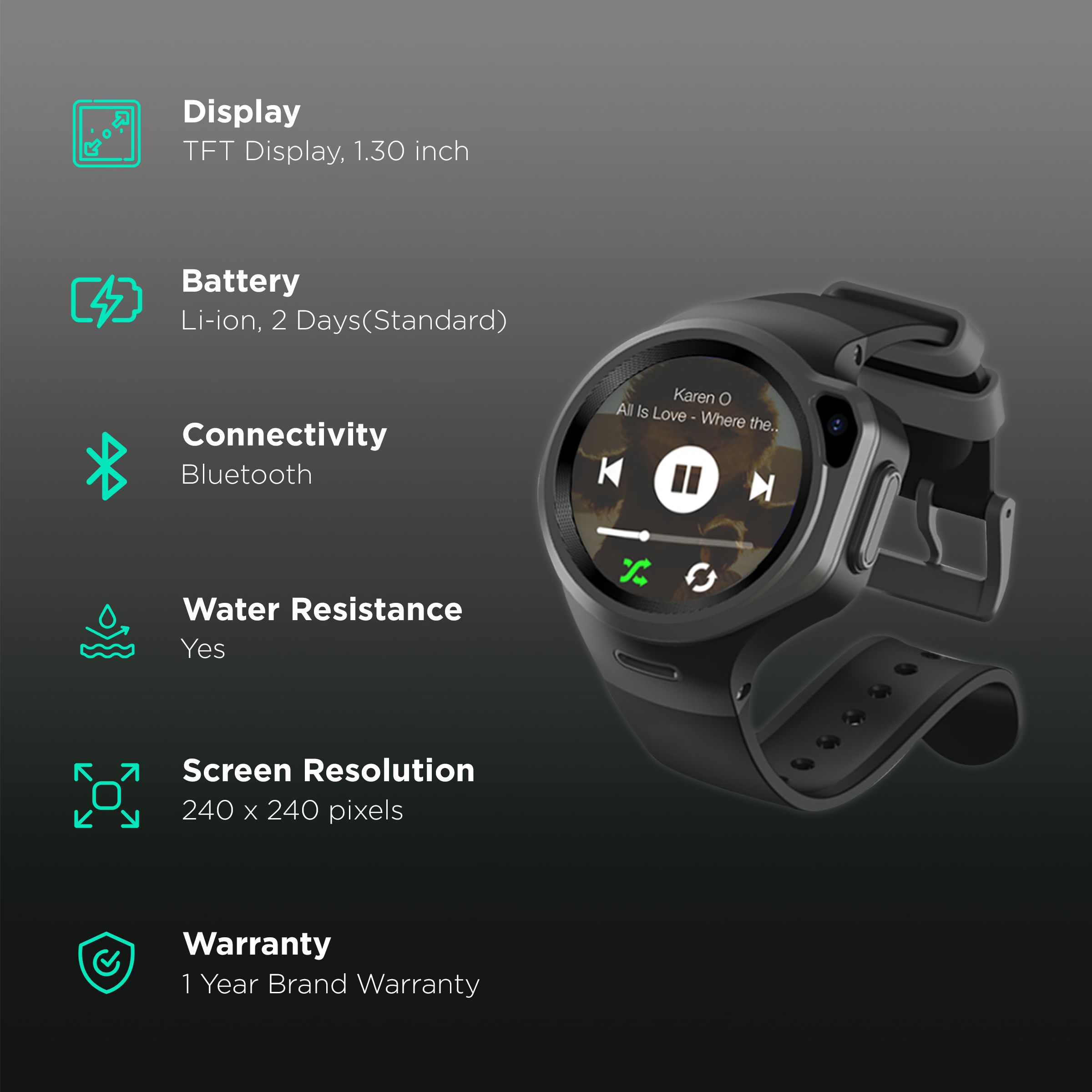 WATCHOUT Next-Gen Smartwatch with GPS (33.02mm Display, Water Resistant, Space Grey Strap)_2