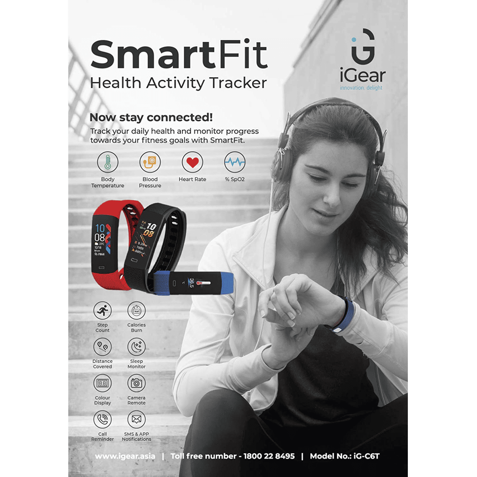 iGear iG-C6T Smart Band with Body Temperature (1.1 Inch Touchscreen TFT-LCD Display, IP67 Water Resistant, Black Strap)_8