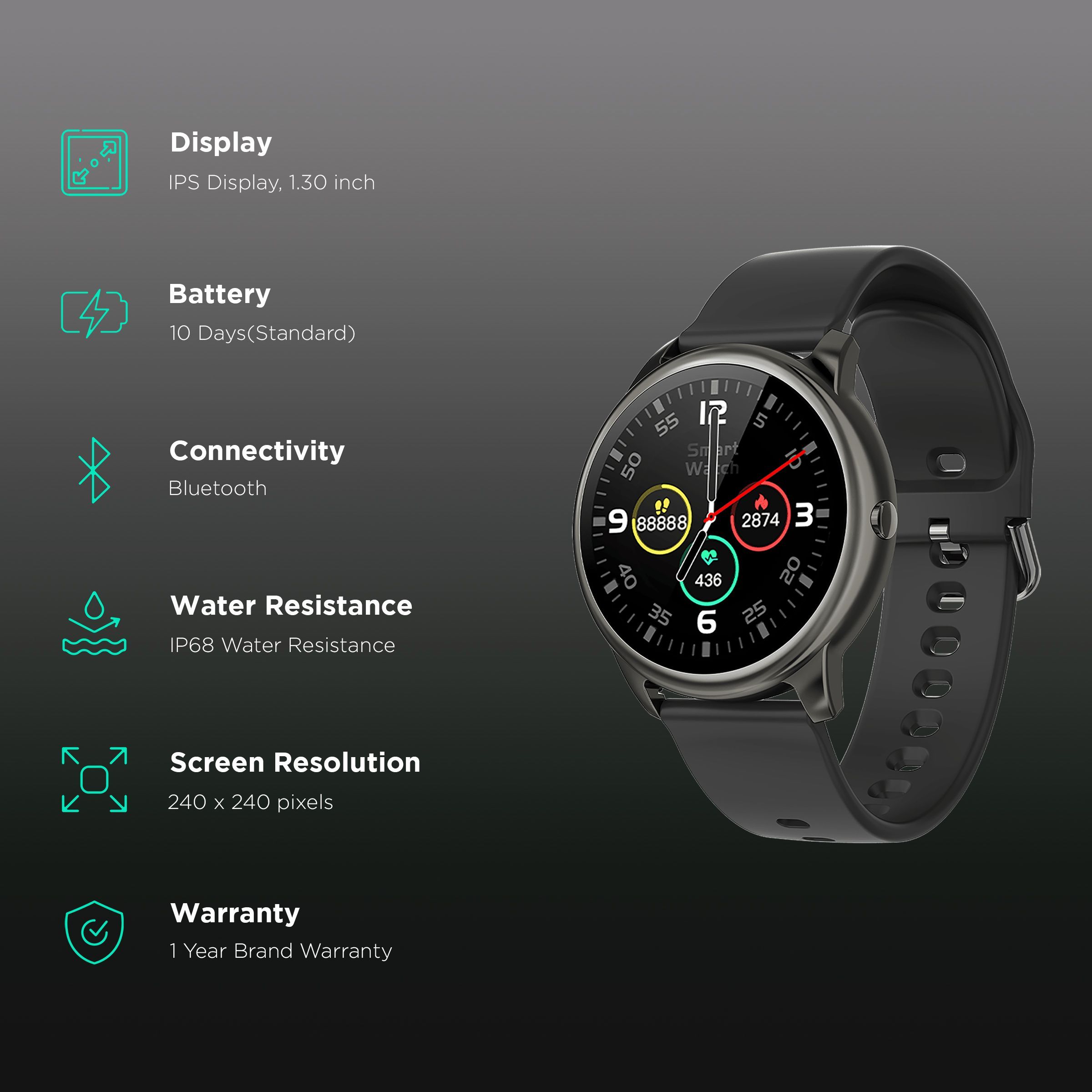 CROSSBEATS Orbit Smartwatch with Bluetooth Calling (33.02mm with IPS Display, IP68 Waterproof, Graphite Black Strap)_2