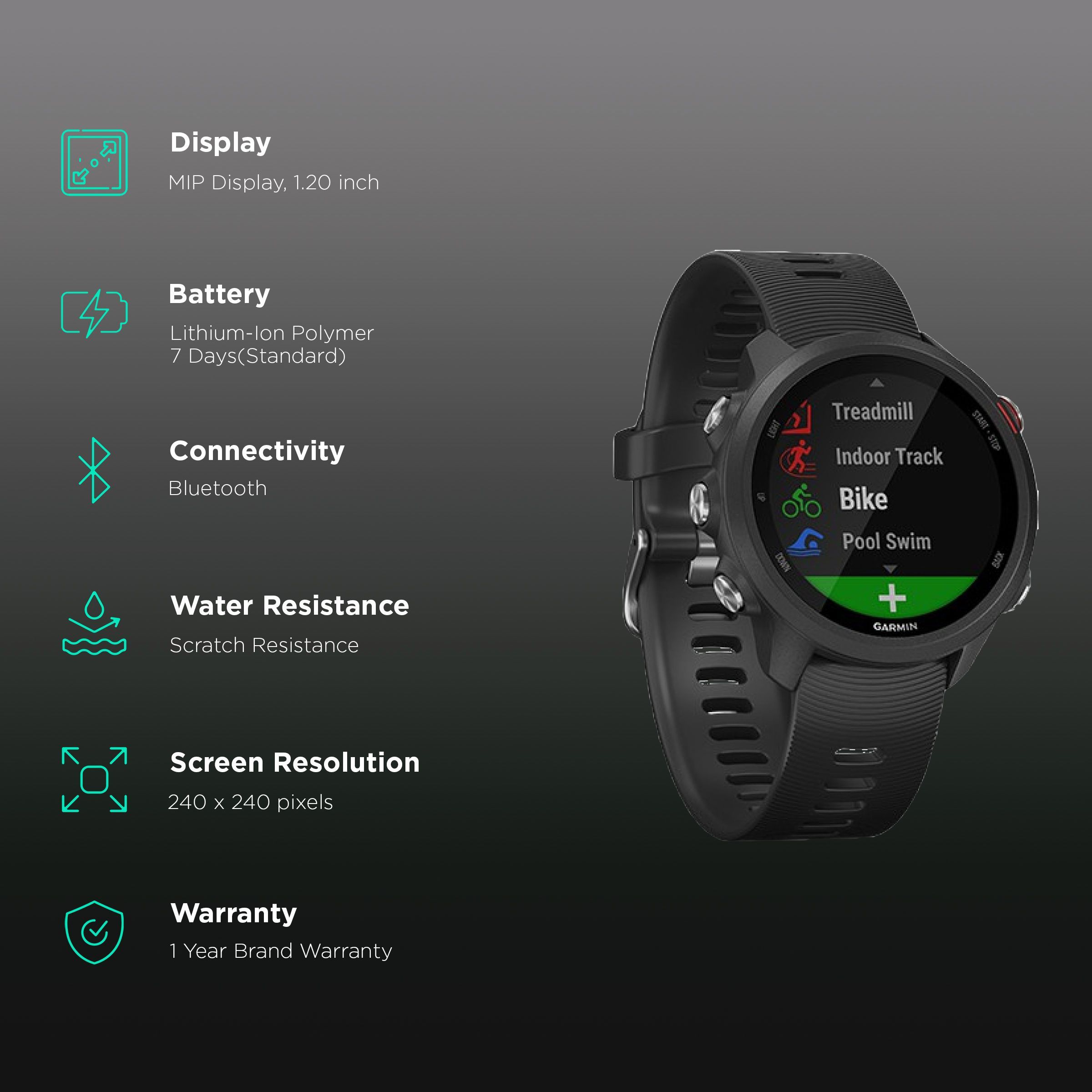 GARMIN Forerunner 245 Music Smartwatch with Activity Tracker (30.4mm with MIP Display, Water Resistant, Black Strap) GARMIN Forerunner 245 Music Smartwatch with Activity Tracker (30.4mm with MIP Display, Water Resistant, Black Strap)_2