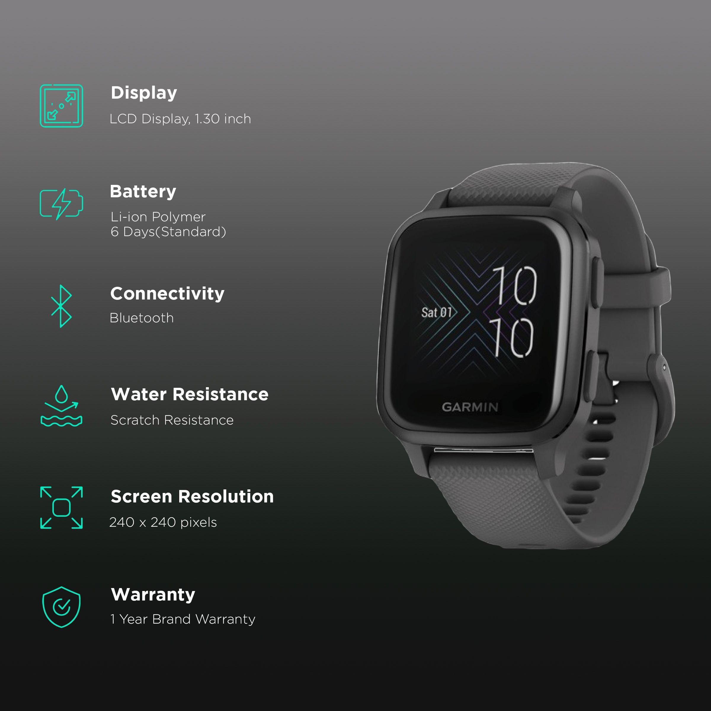 GARMIN Venu Sq Smartwatch with Activity Tracker (33.1mm with MIP Display, Water Resistant, Shadow Gray & Slate Strap) GARMIN Venu Sq Smartwatch with Activity Tracker (33.1mm with MIP Display, Water Resistant, Shadow Gray & Slate Strap)_2