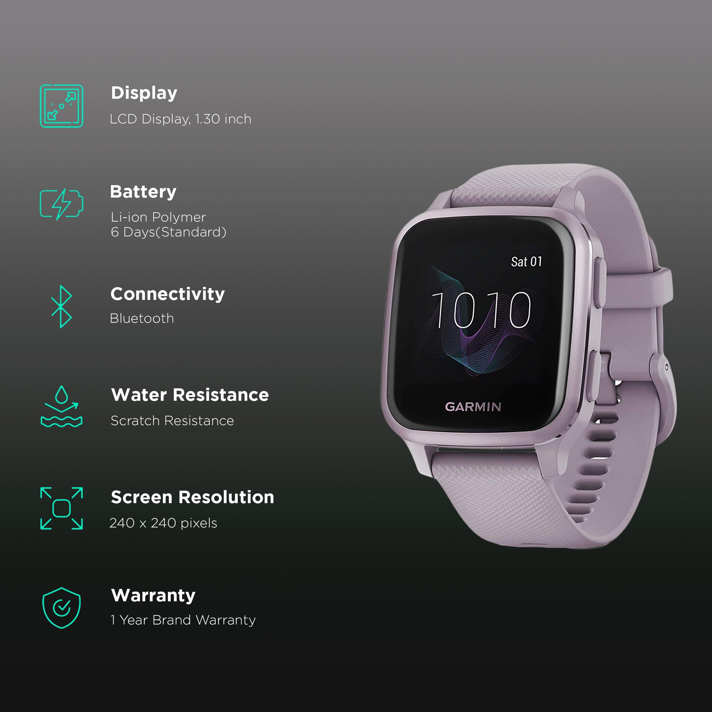 GARMIN Venu Sq Smartwatch with Activity Tracker (33.1mm with MIP Display, Water Resistant, Metallic Orchid Strap)_2