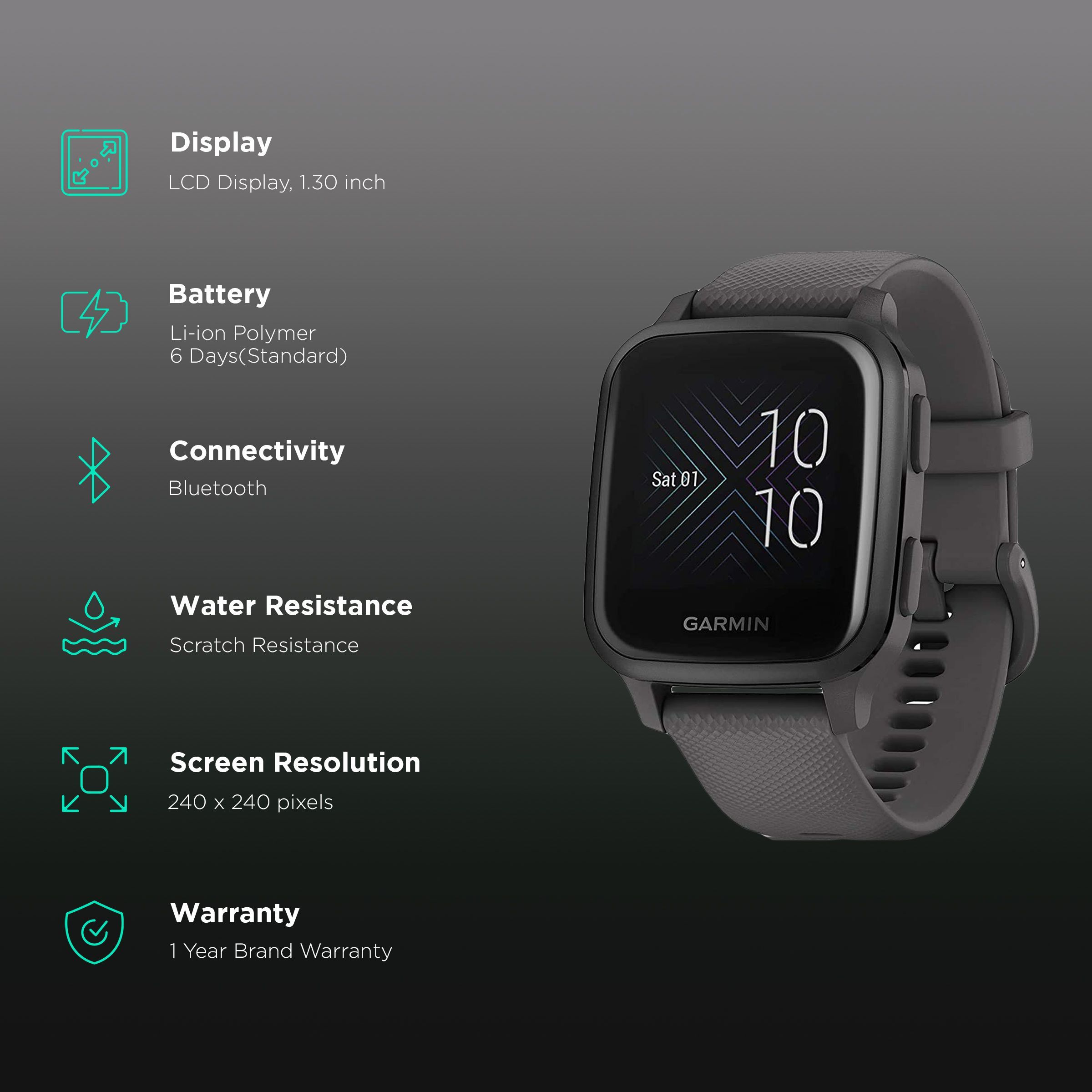 GARMIN Venu Sq Music Edition Smartwatch with Activity Tracker (33.1mm with MIP Display, Water Resistant, Black & Slate Strap)_2