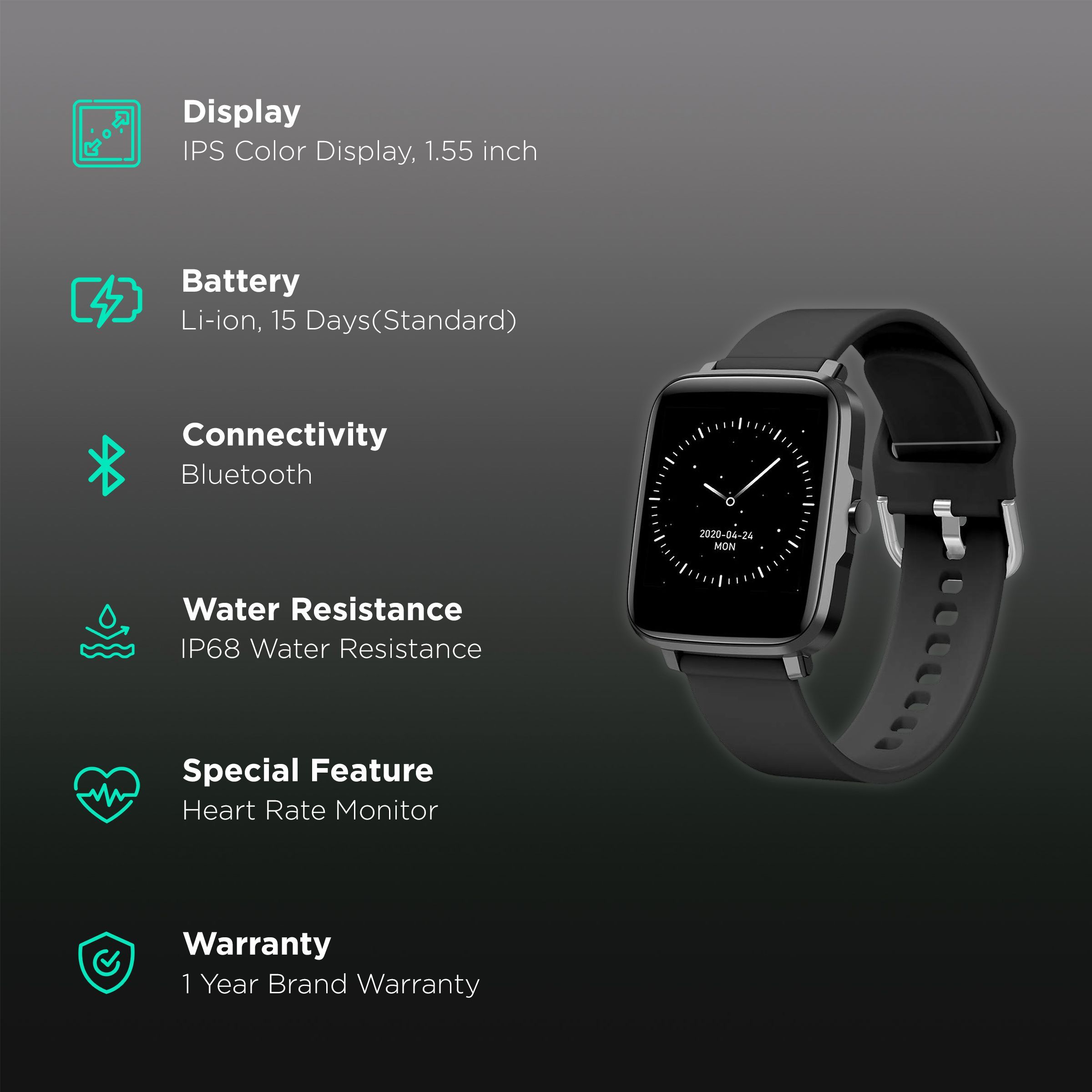 STYX Neo Smartwatch with Health Monitoring (39.4mm IPS Color Display, IP68 Water Resistant, Carbon Black Strap)_2