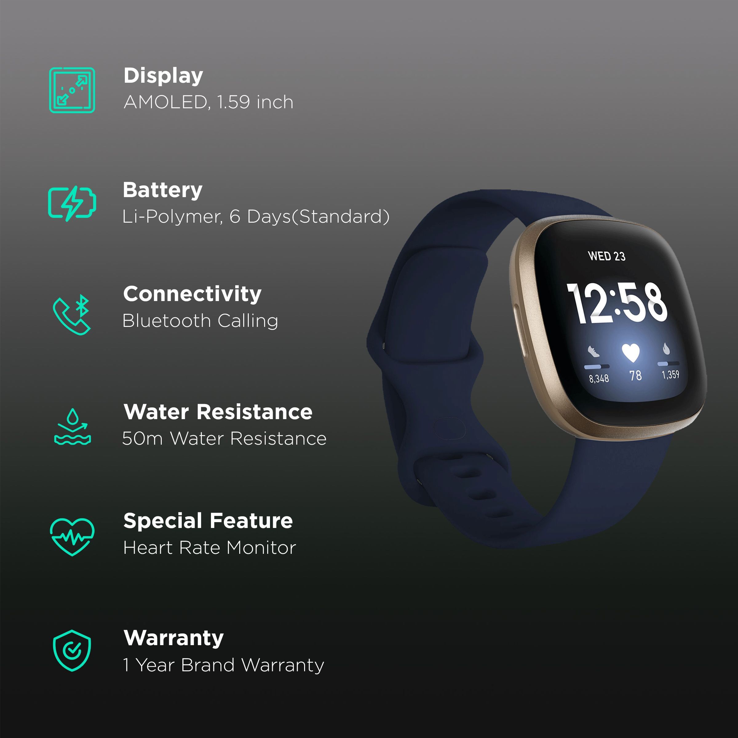 fitbit Versa 3 Smartwatch with Bluetooth Calling (40.4mm AMOLED Display, 50 Meter Water Resistant, Midnight Blue Strap) fitbit Versa 3 Smartwatch with Bluetooth Calling (40.4mm AMOLED Display, 50 Meter Water Resistant, Midnight Blue Strap)_2
