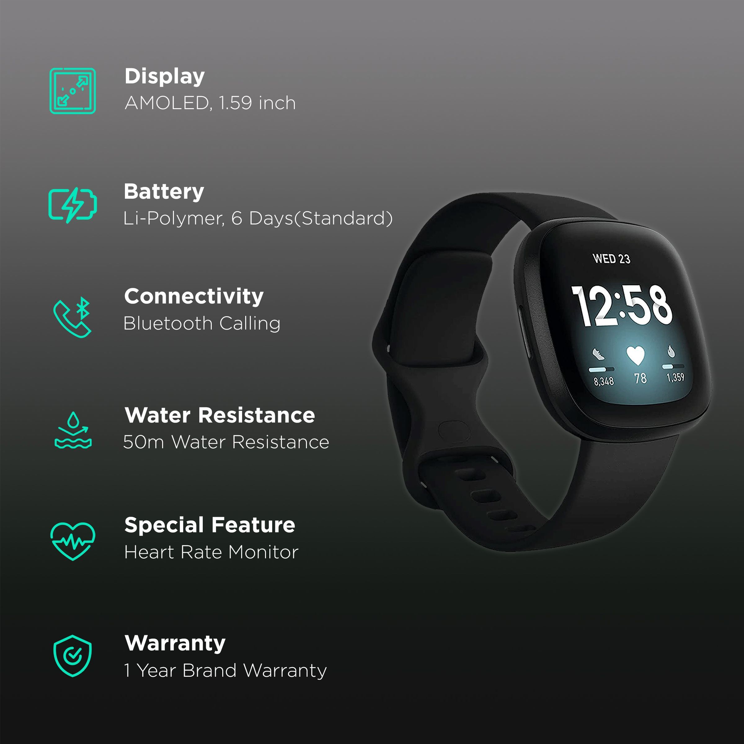 fitbit Versa 3 Smartwatch with Bluetooth Calling (40.4mm AMOLED Display, 50 Meter Water Resistant, Black Strap)_2