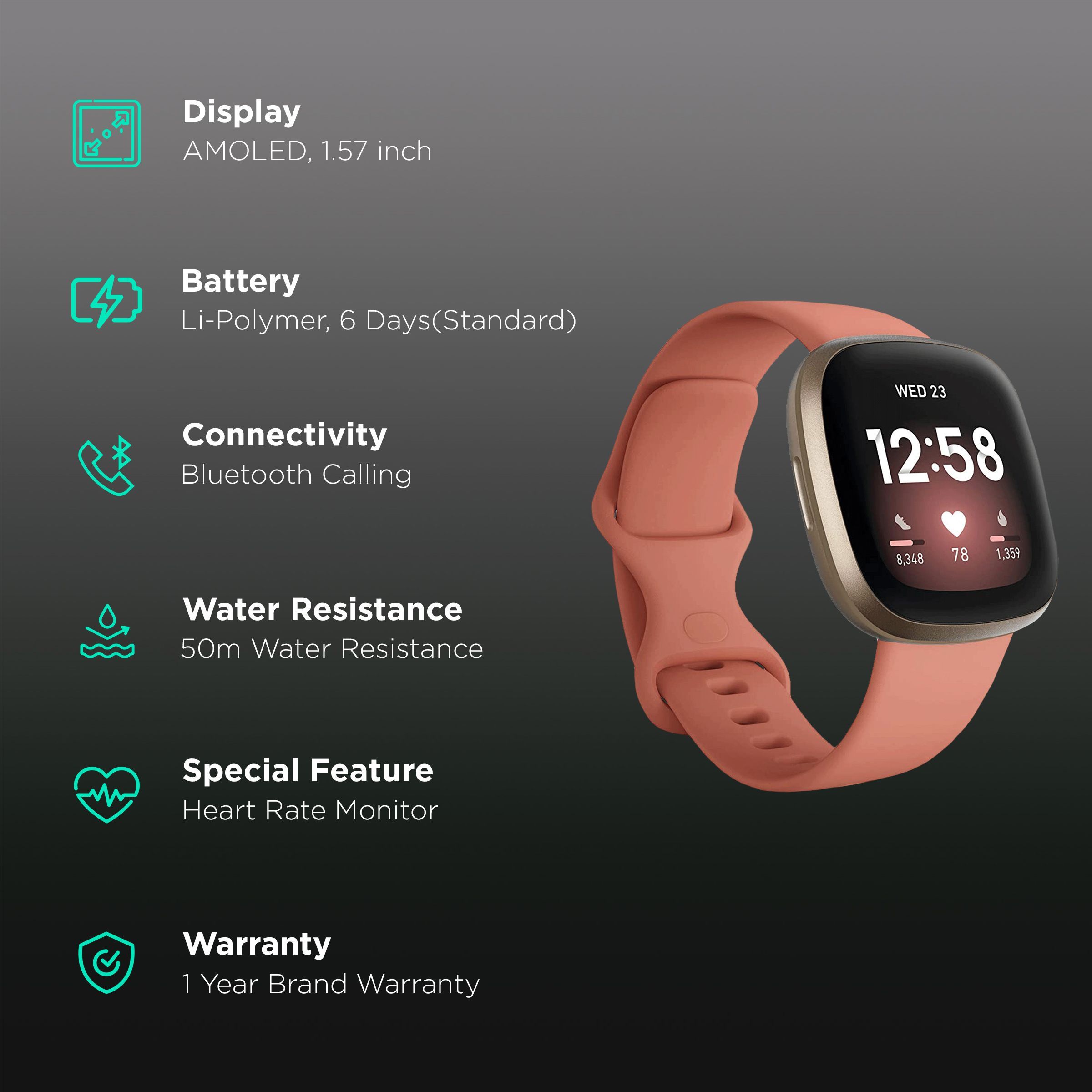 fitbit Versa 3 Smartwatch with Bluetooth Calling (40mm AMOLED Display, 50 Meter Water Resistant, Pink Clay Strap)_2