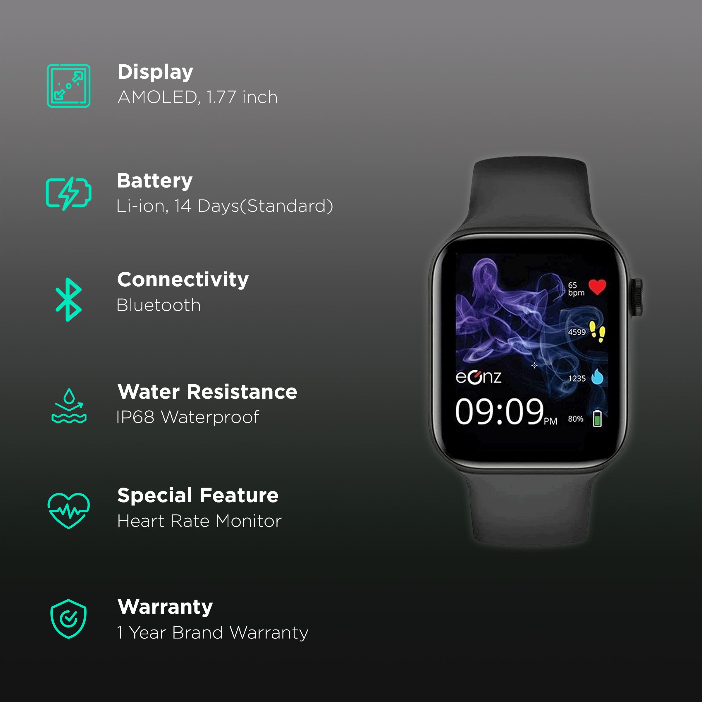 eOnz Elite Smartwatch with Activity Tracker (45mm AMOLED Display, IP68 Waterproof, Black Strap)_2