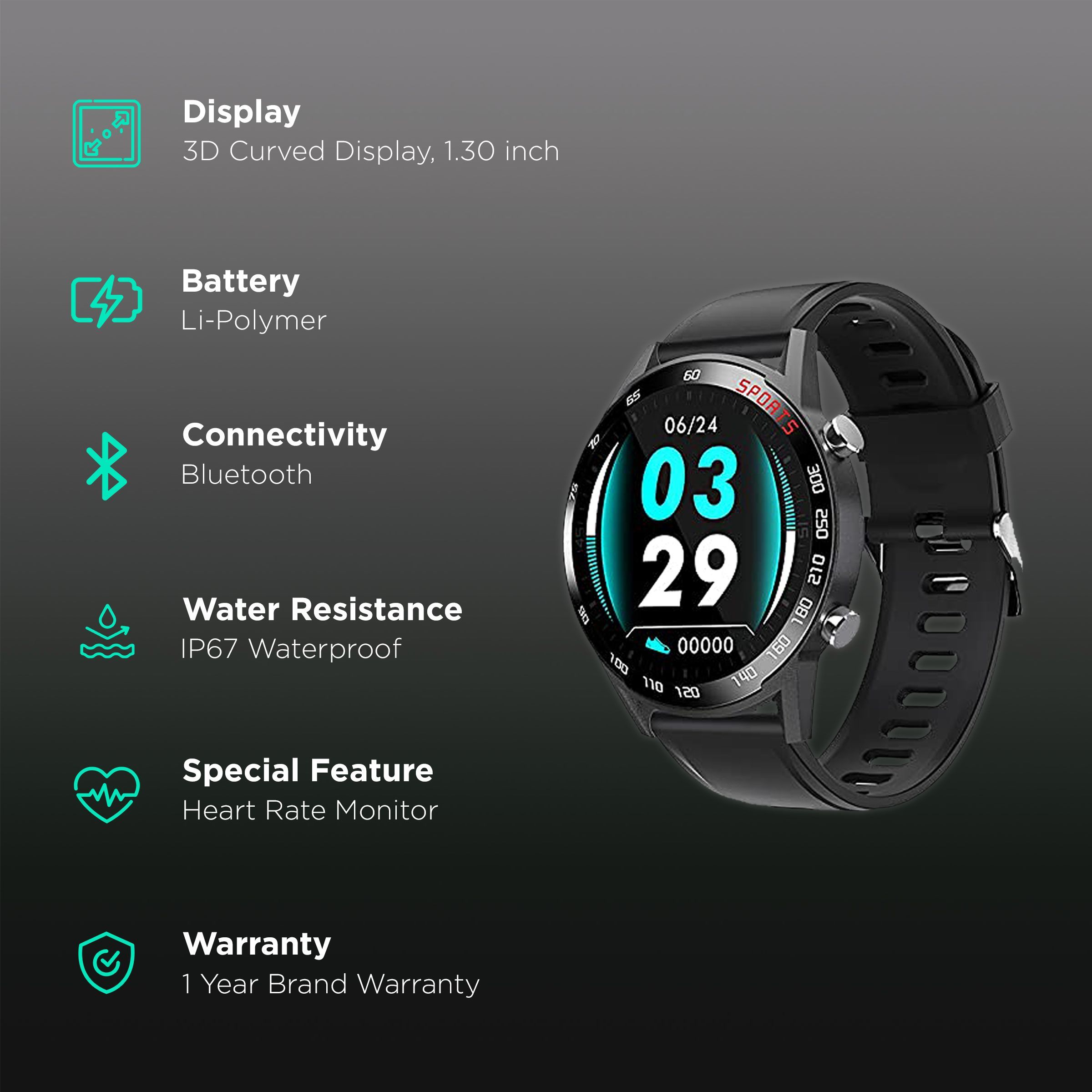 eOnz North Edge Smartwatch with Health Monitoring (33.02mm Display, IP67 Waterproof, Black Strap)_2