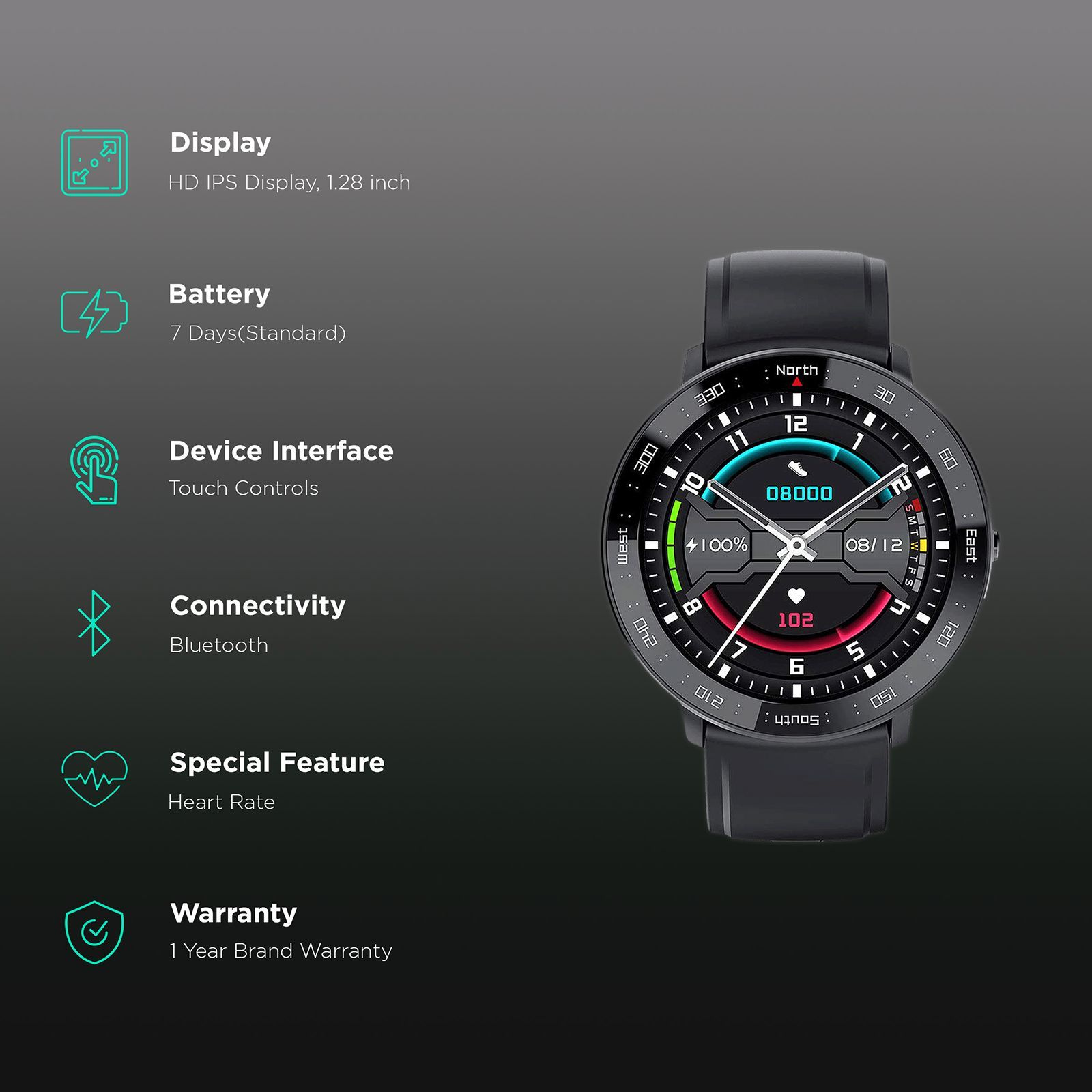 eOnz North Edge Keep NL03 Smartwatch with Camera Control (32.5mm HD IPS Display, IP67 Water Resistant, Black Strap)_2