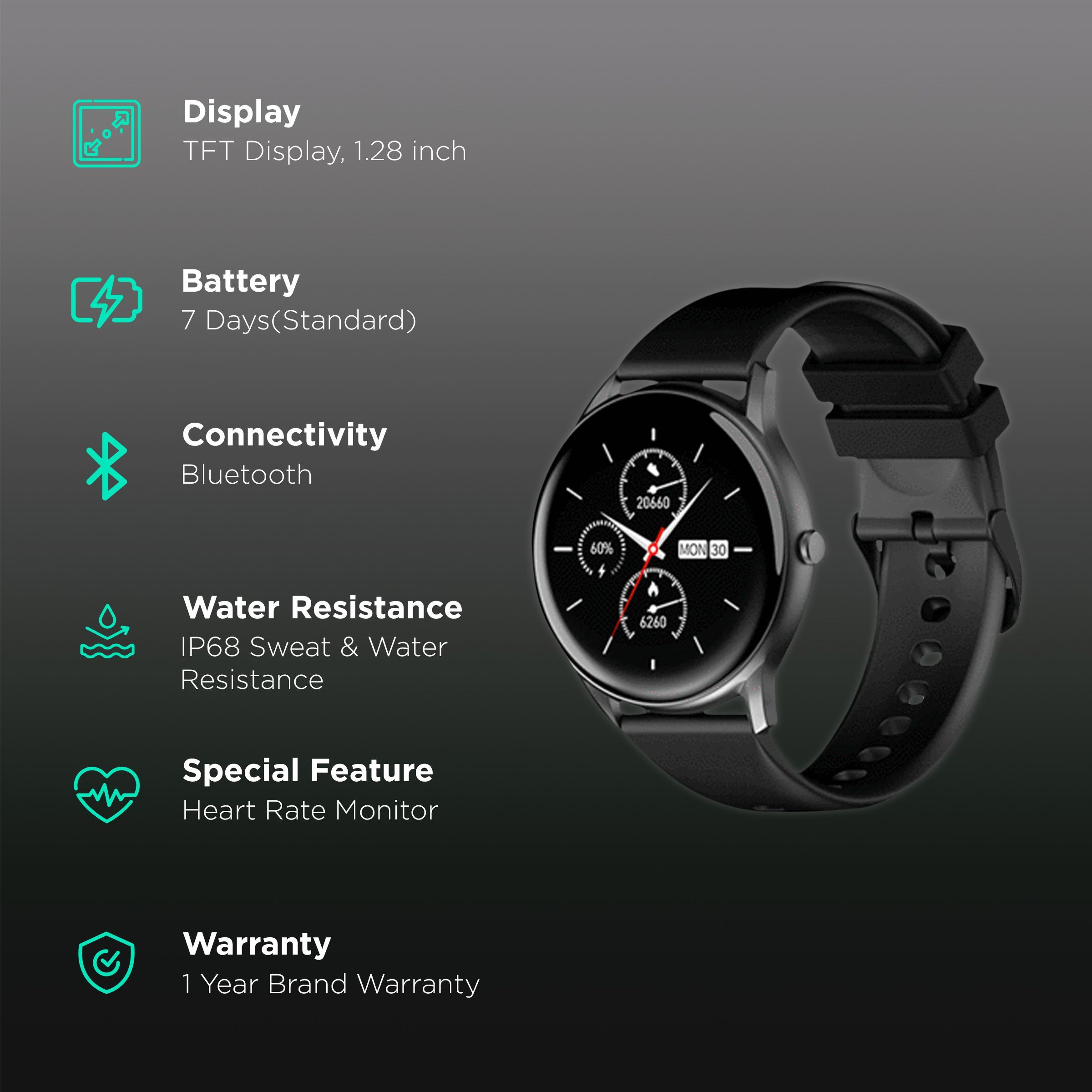 noise NoiseFit Core Smartwatch with Activity Tracker (32.51mm TFT Display, IP68 Water Resistant, Charcoal Black Strap)_2