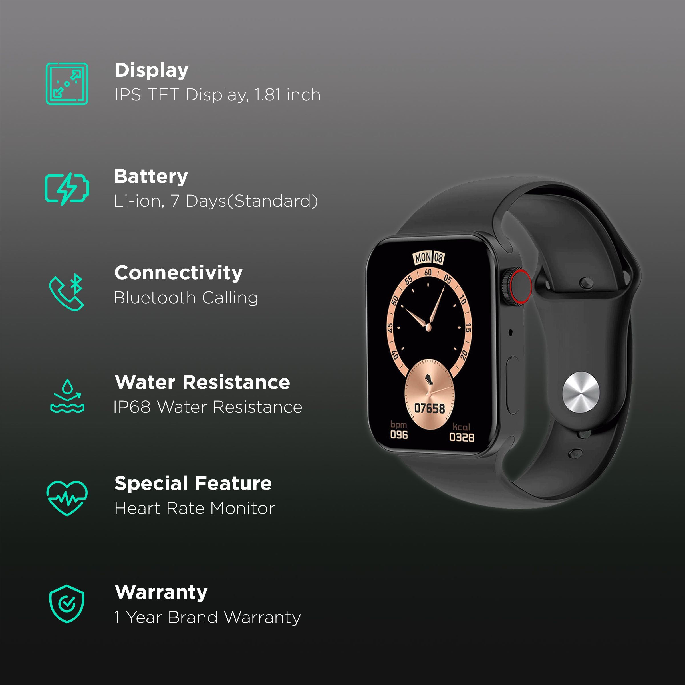 I KALL W1 Smartwatch with Bluetooth Calling (46mm IPS TFT Display, IP68 Water Resistant, Black Strap)_2