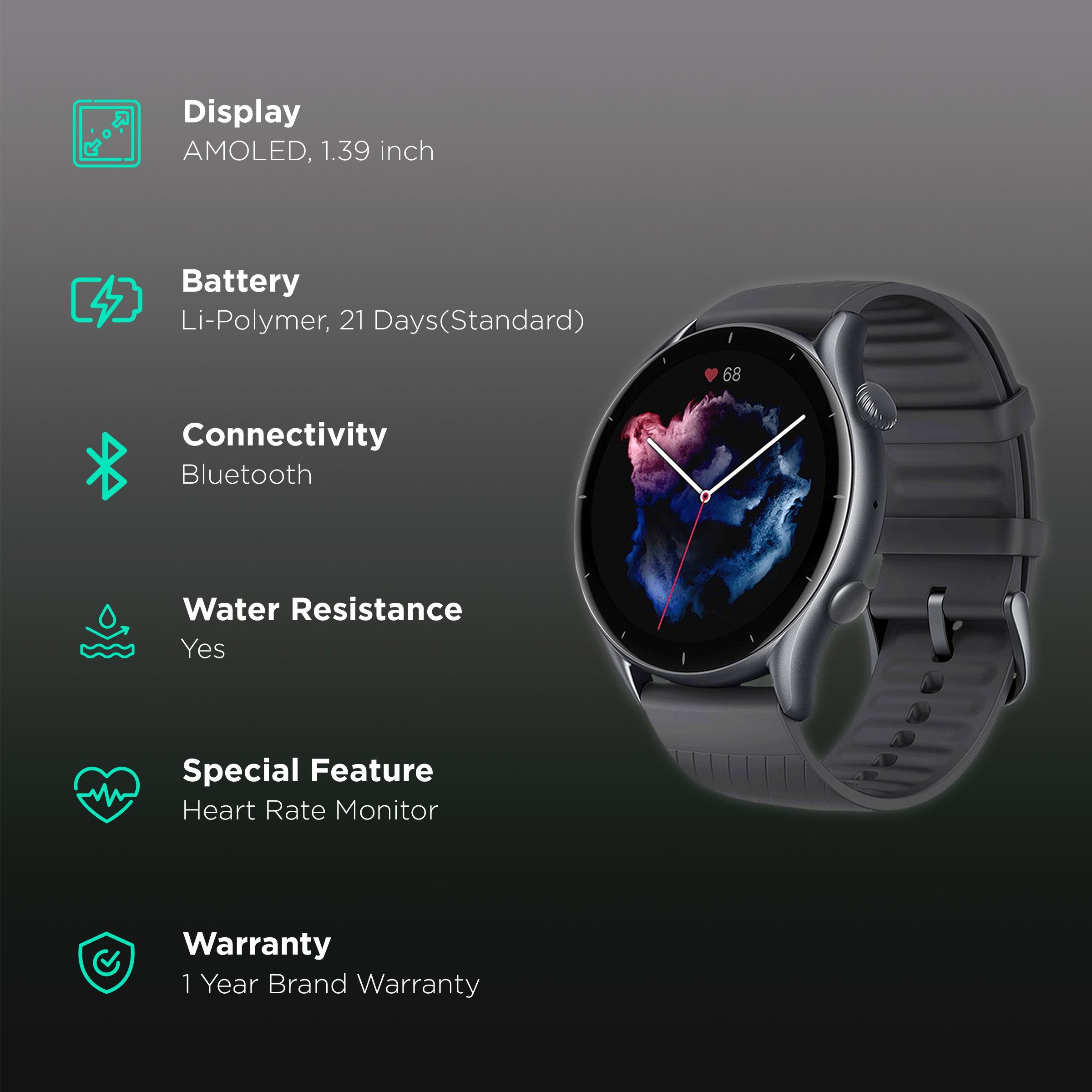 amazfit GTR 3 Smartwatch with Activity Tracker (35.3mm AMOLED Display, Water Resistant, Thunder Black Strap)_2