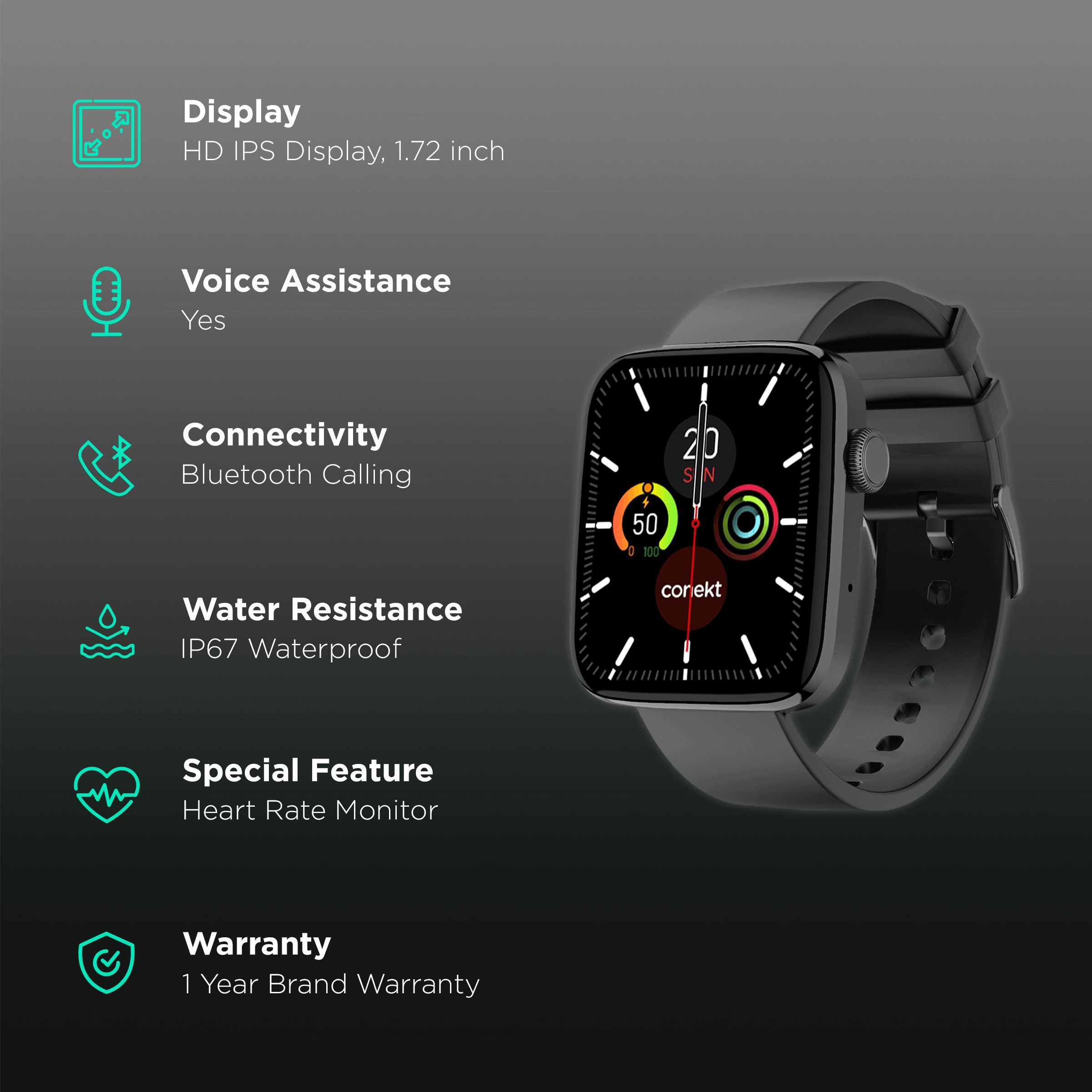 conekt SW1 Pro Smartwatch with Bluetooth Calling (43.68mm HD IPS Display, IP67 Waterproof, Black Strap)_2