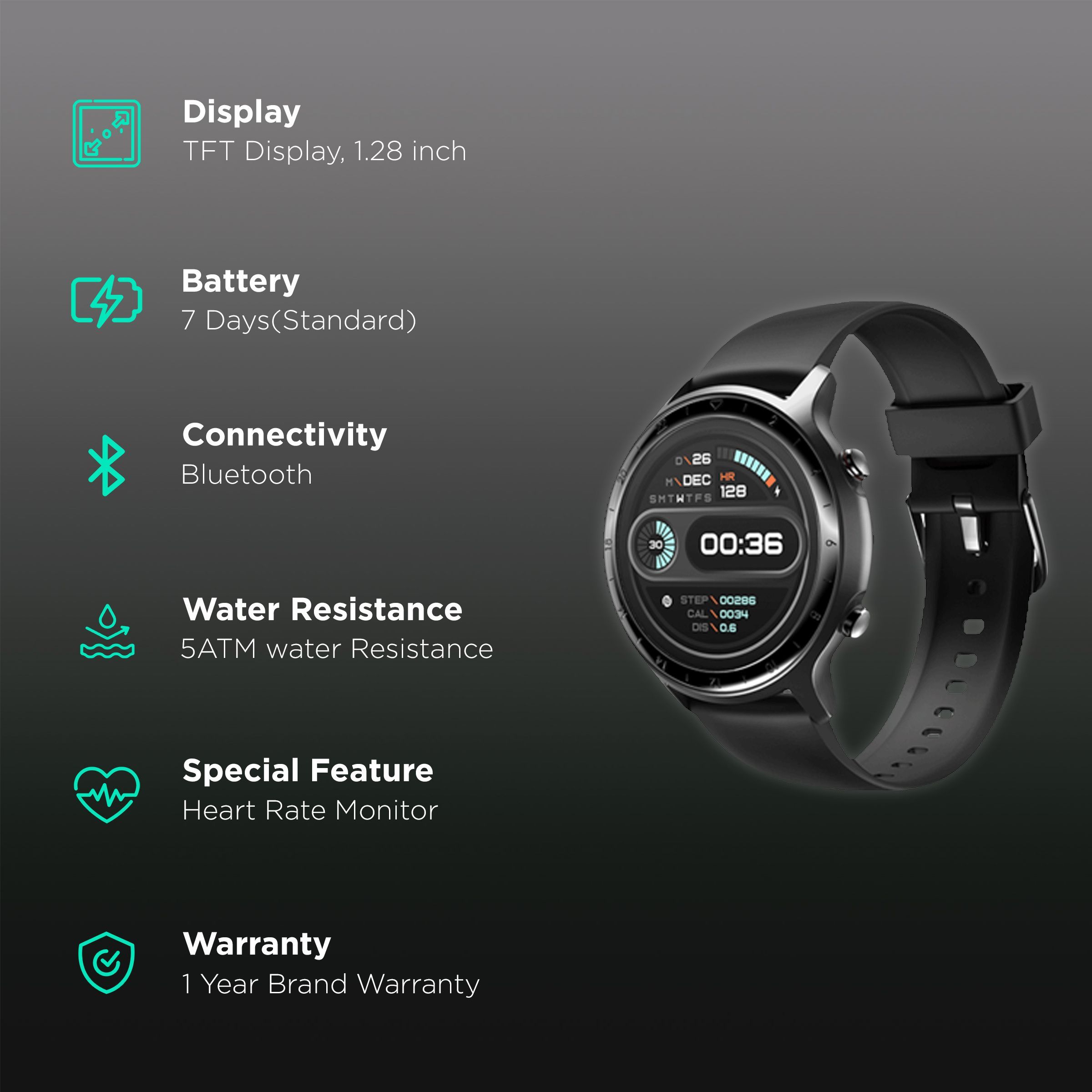 noise NoiseFit Active Smartwatch with Activity Tracker (32.51mm TFT LCD Display, 5ATM Water Resistant, Black Strap)_2