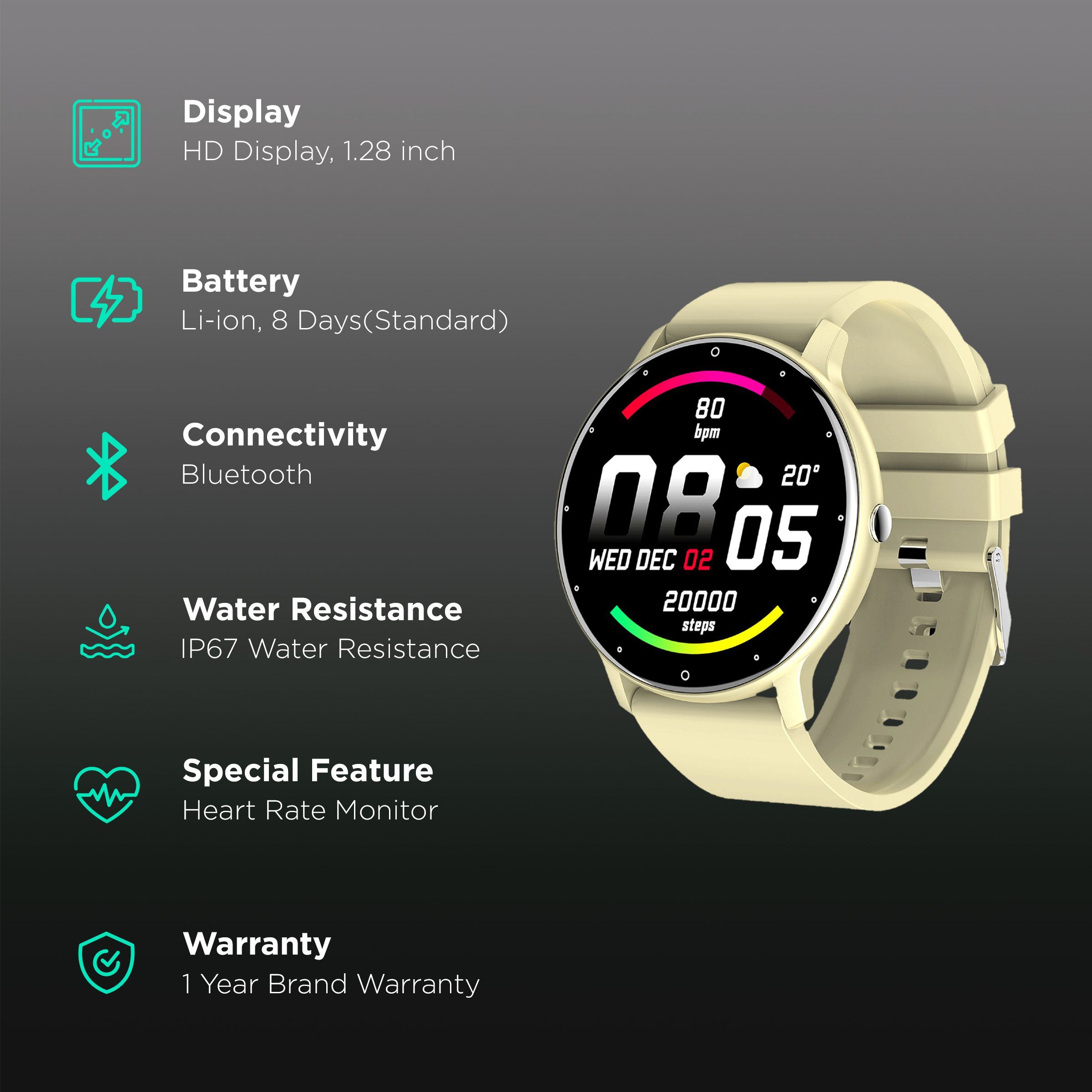 STYX KORE Smartwatch with Activity Tracker (32.51mm HD Display, IP67 Water Resistant, Yellow Strap)_2