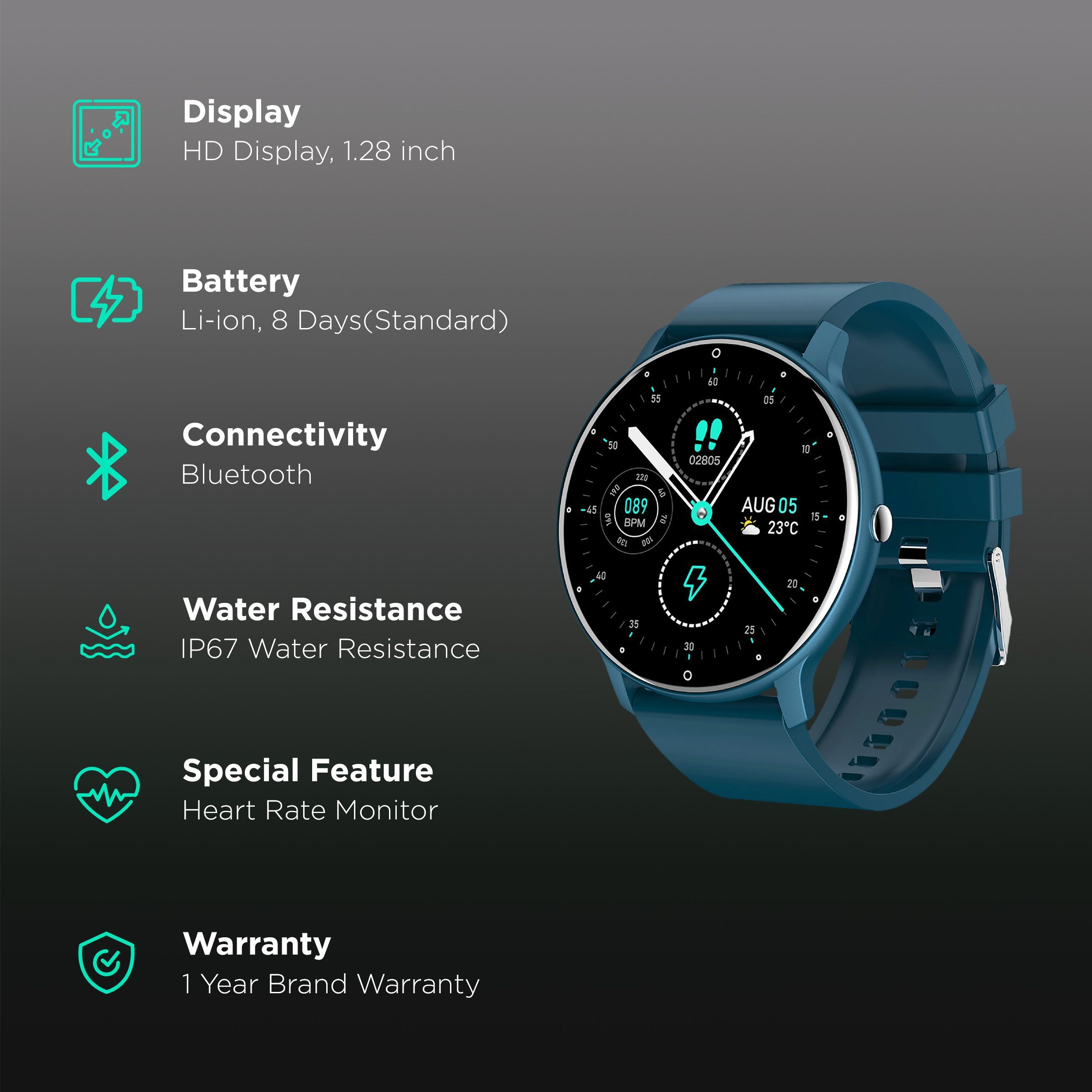 STYX KORE Smartwatch with Activity Tracker (32.51mm HD Display, IP67 Water Resistant, Blue Strap)_2