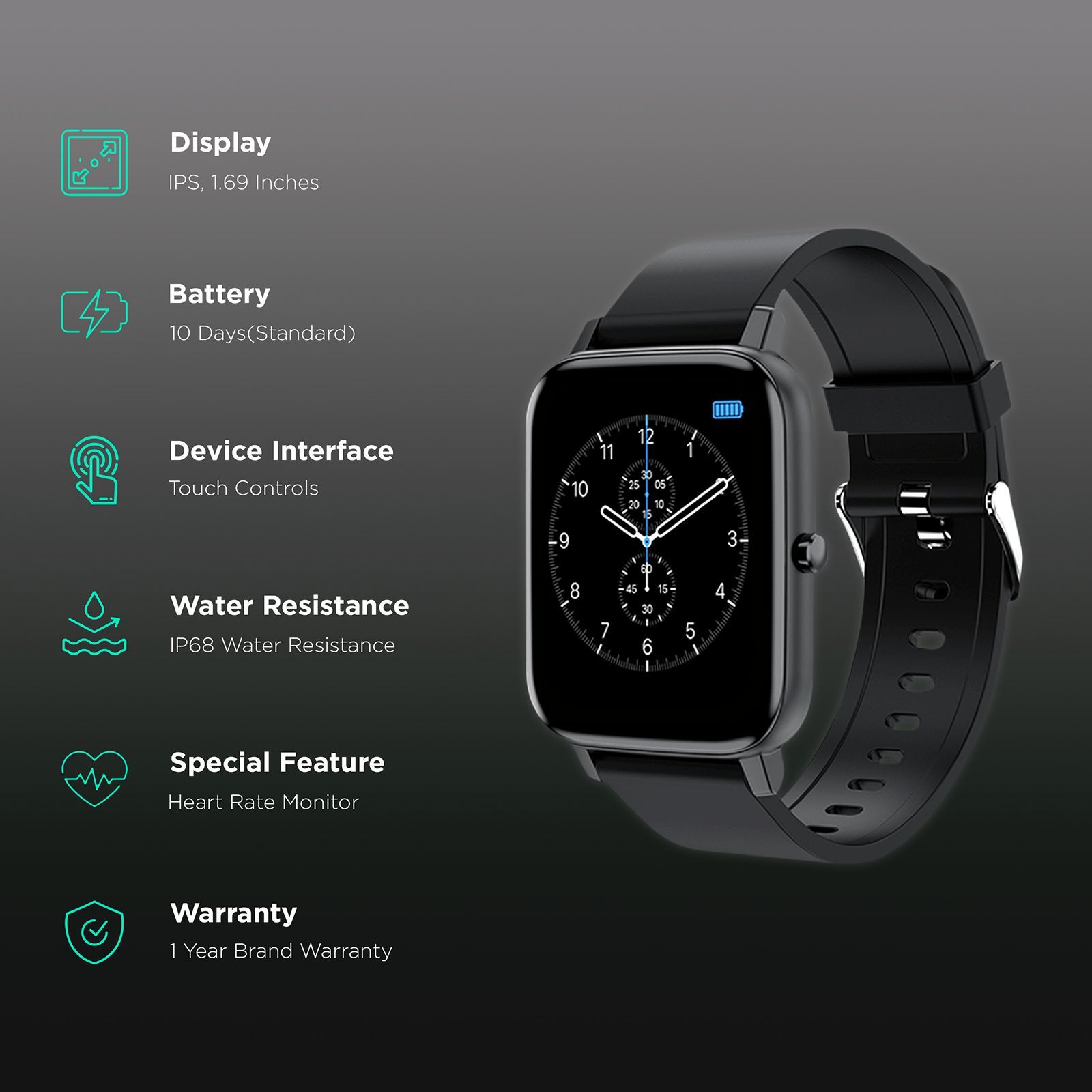 TAGG Verve Plus Smartwatch with Activity Tracker (42.9mm HD Display, IP68 Waterproof, Black)_2