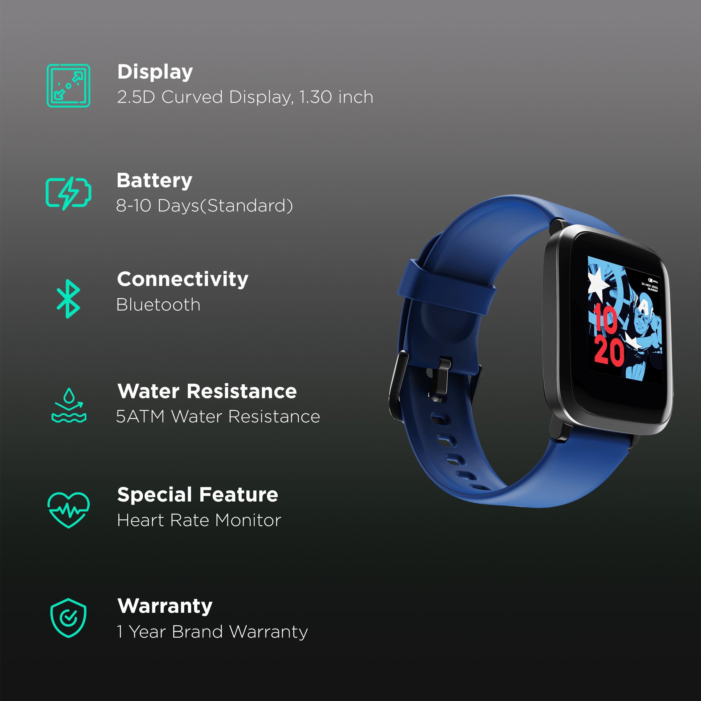 boAt Storm Captain America Marvel Edition Smartwatch with Health Monitoring (33mm 2.5D Curved Display, 5ATM Water Resistant, Captain's Blue Strap)_2