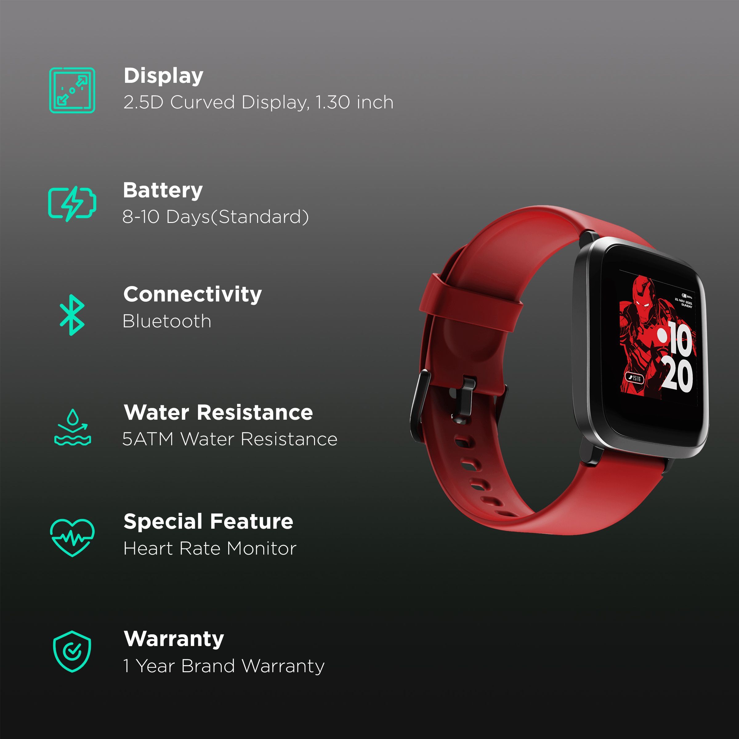 boAt Storm Iron Man Marvel Smartwatch with Health Monitoring (33mm 2.5D Curved Display, 5ATM Water Resistant, Stark Red Strap)_2
