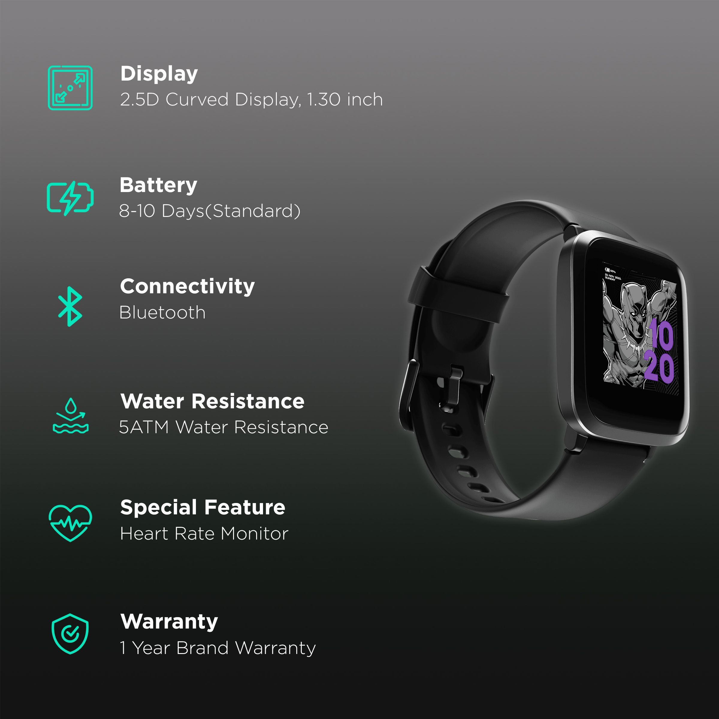 boAt Storm Black Panther Marvel Edition Smartwatch with Health Monitoring (33mm 2.5D Curved Display, 5ATM Water Resistant, Wakanda Black Strap)_2