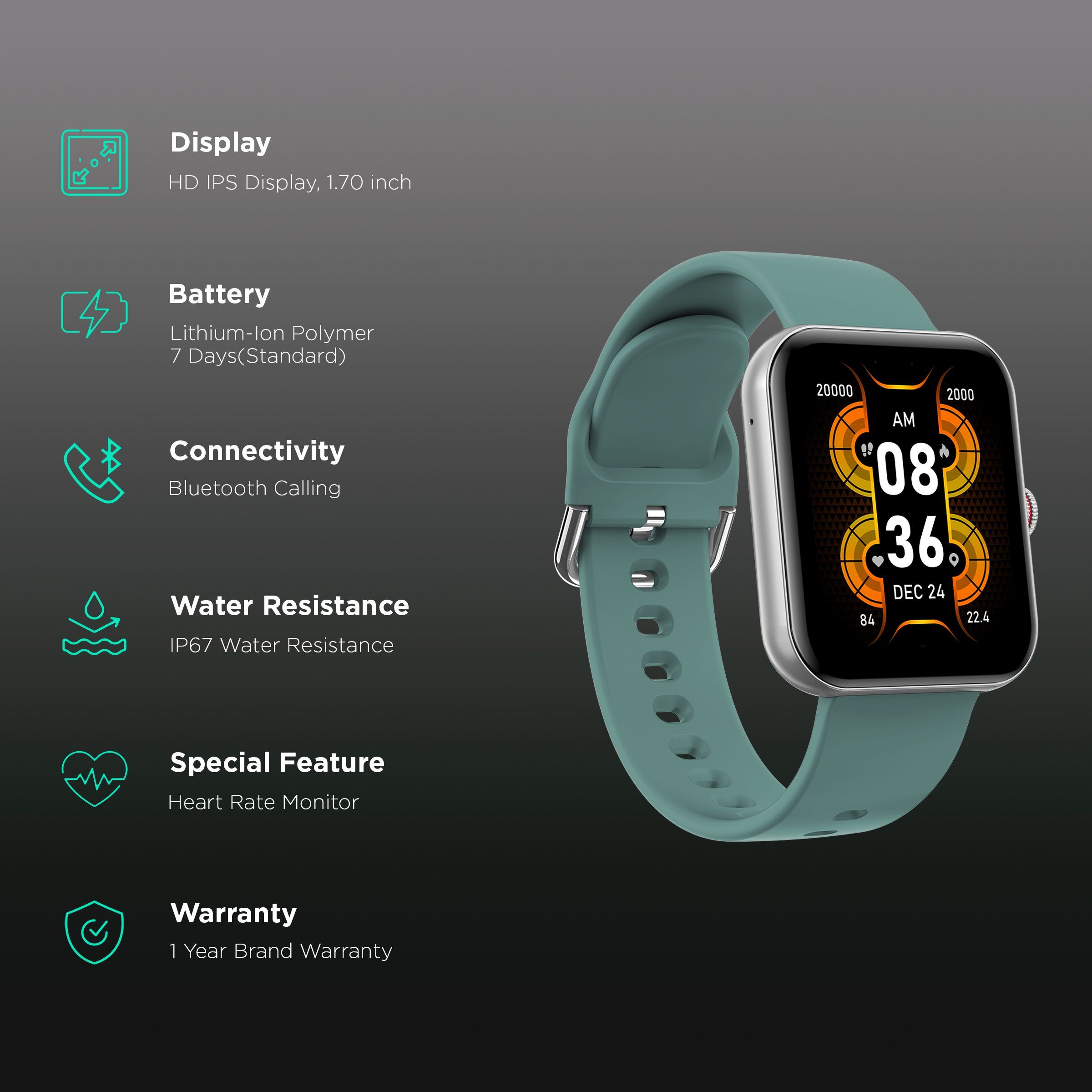 CROSSBEATS Ignite Smartwatch with Bluetooth Calling (43.18mm with IPS Display, IP67 Water Resistant, Green Strap)_2