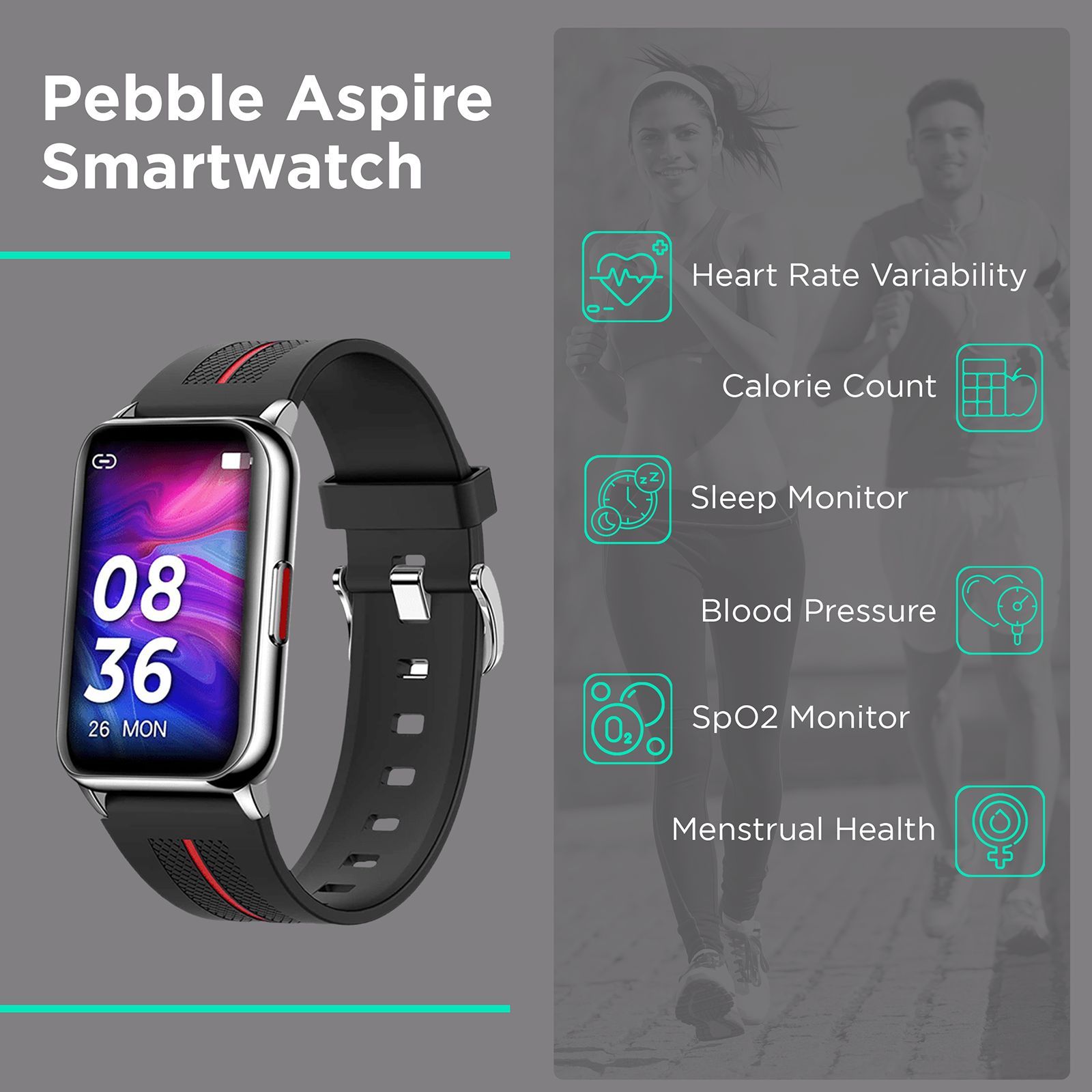 pebble Aspire Smartwatch with Female Cycle Tracker (1.57 Inch 2.5HD Curved Screen TFT-LCD Display, 5ATM Waterproof, Black Strap)_3