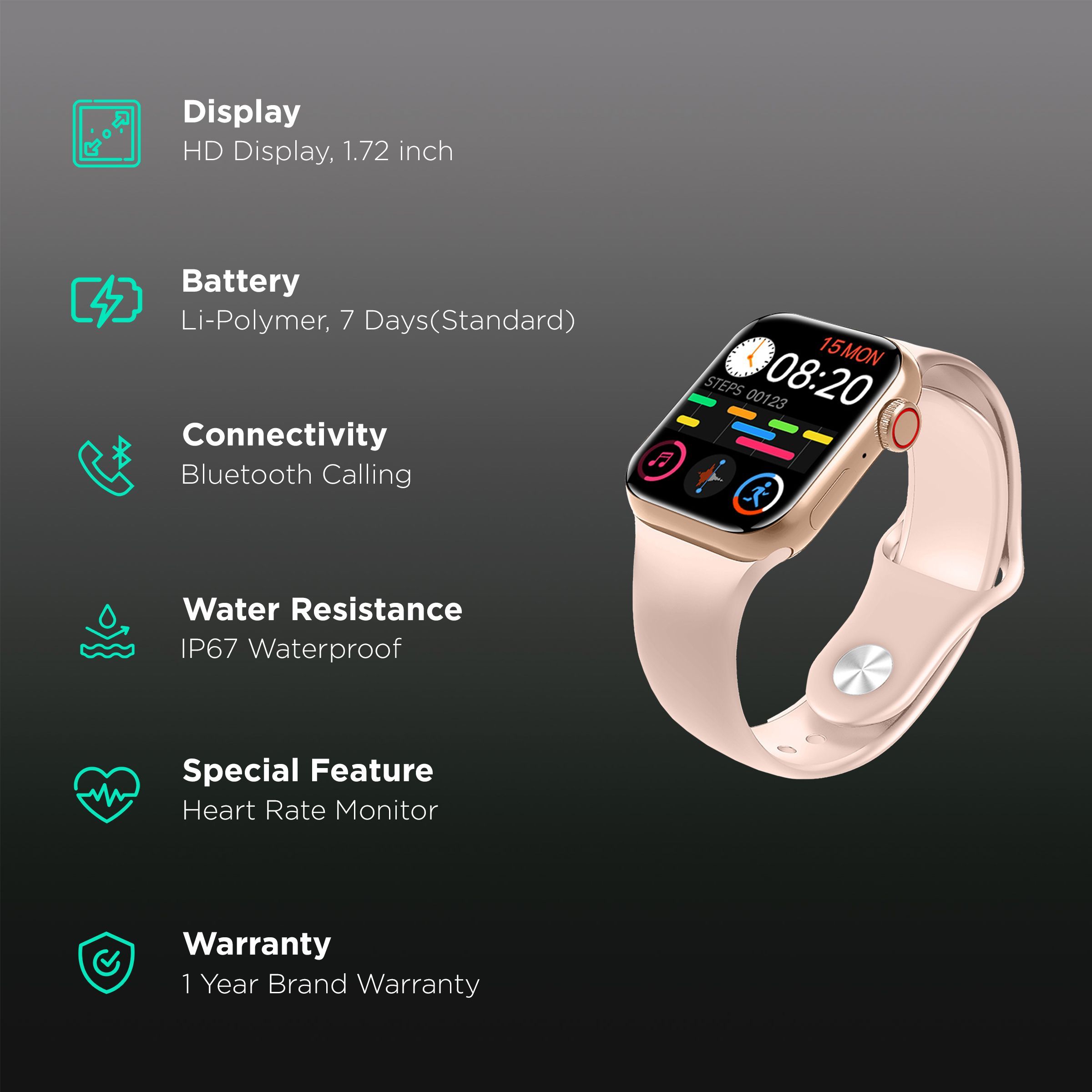 I KALL W3 Smartwatch with Bluetooth Calling (43.68mm HD Display, IP67 Waterproof, Gold Strap)_2