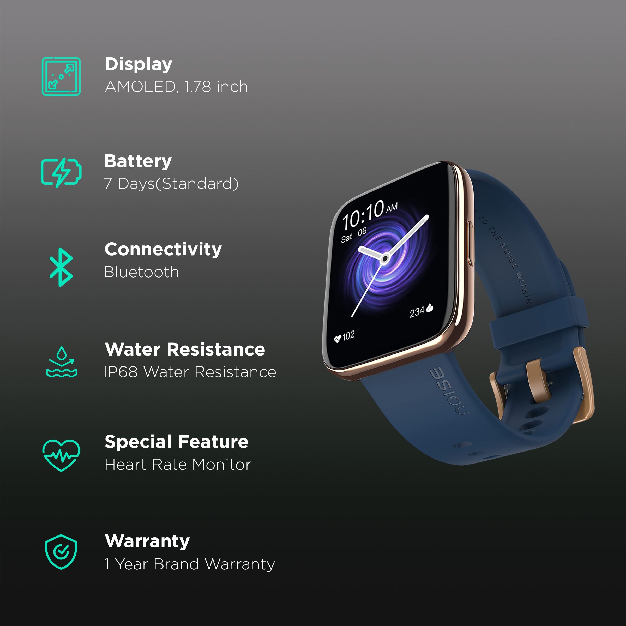 noise ColorFit Ultra 2 Smartwatch with Activity Tracker (45.2mm AMOLED Display, IP68 Water Resistant, Navy Gold Strap)_2