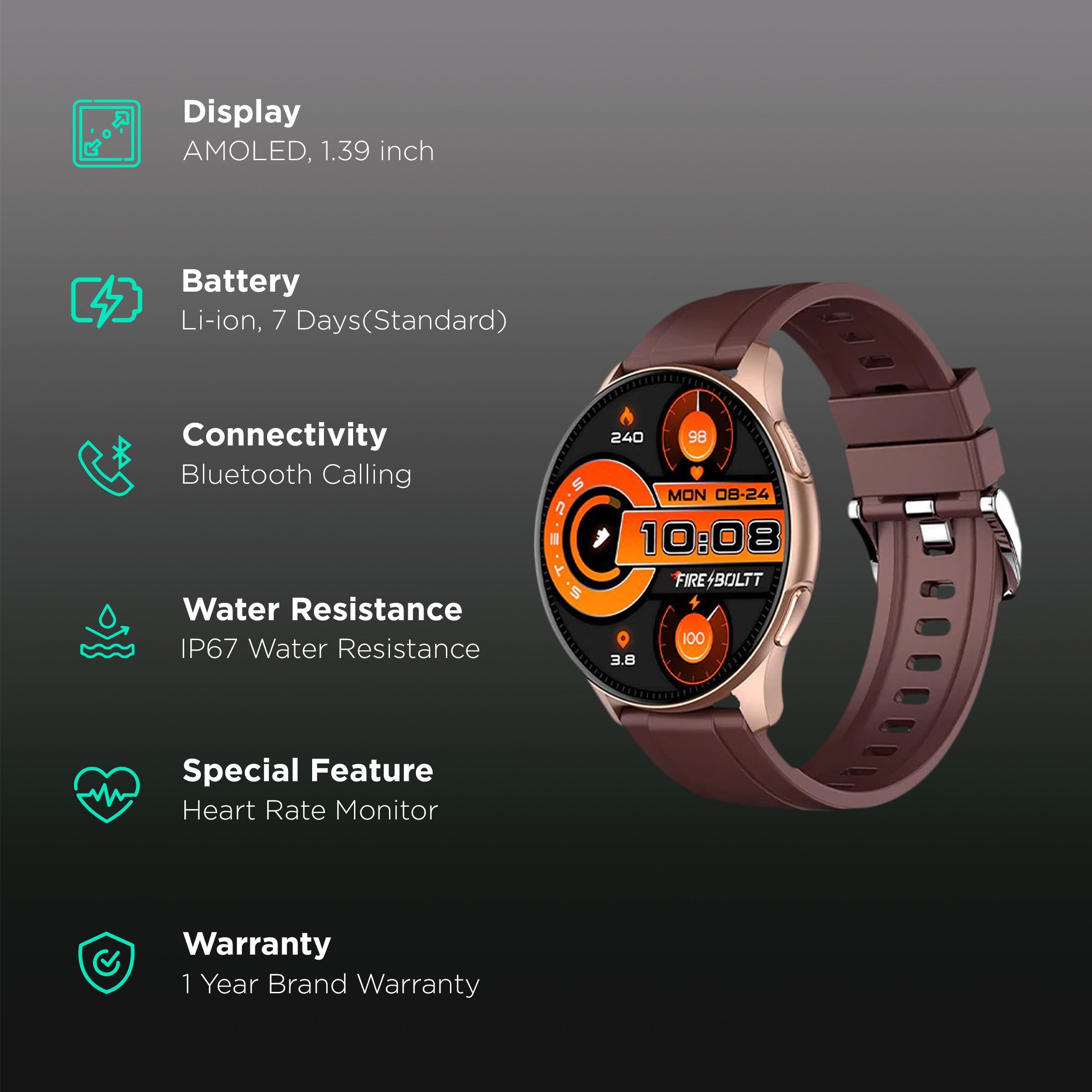 FIRE-BOLTT Invincible BSW020 Smartwatch with Bluetooth Calling (35.3mm AMOLED Display, IP67 Water Resistant, Brown Strap) FIRE-BOLTT Invincible BSW020 Smartwatch with Bluetooth Calling (35.3mm AMOLED Display, IP67 Water Resistant, Brown Strap)_2