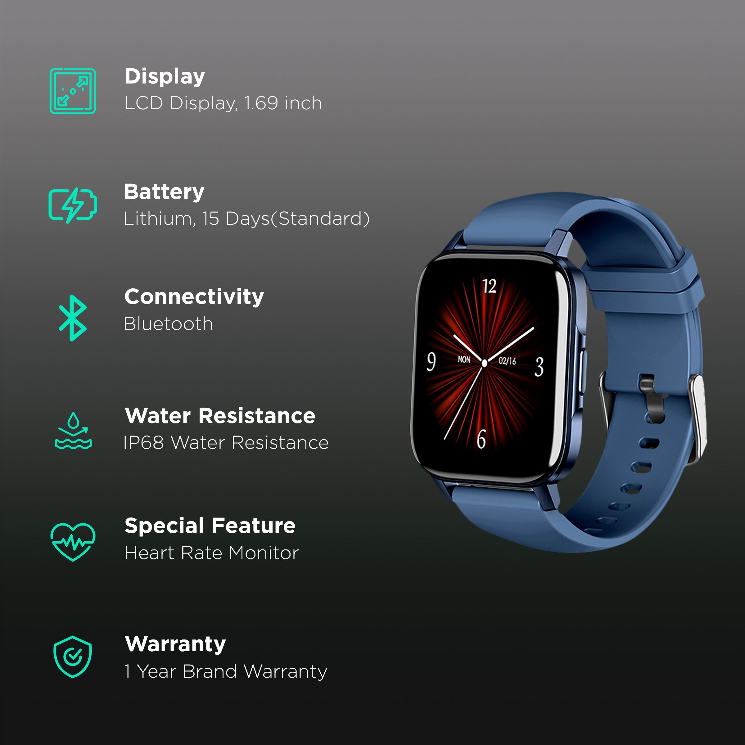 in base Urban Fit X Smartwatch with Activity Tracker (42.9mm LCD Display, IP68 Water Resistant, Blue Strap)_2