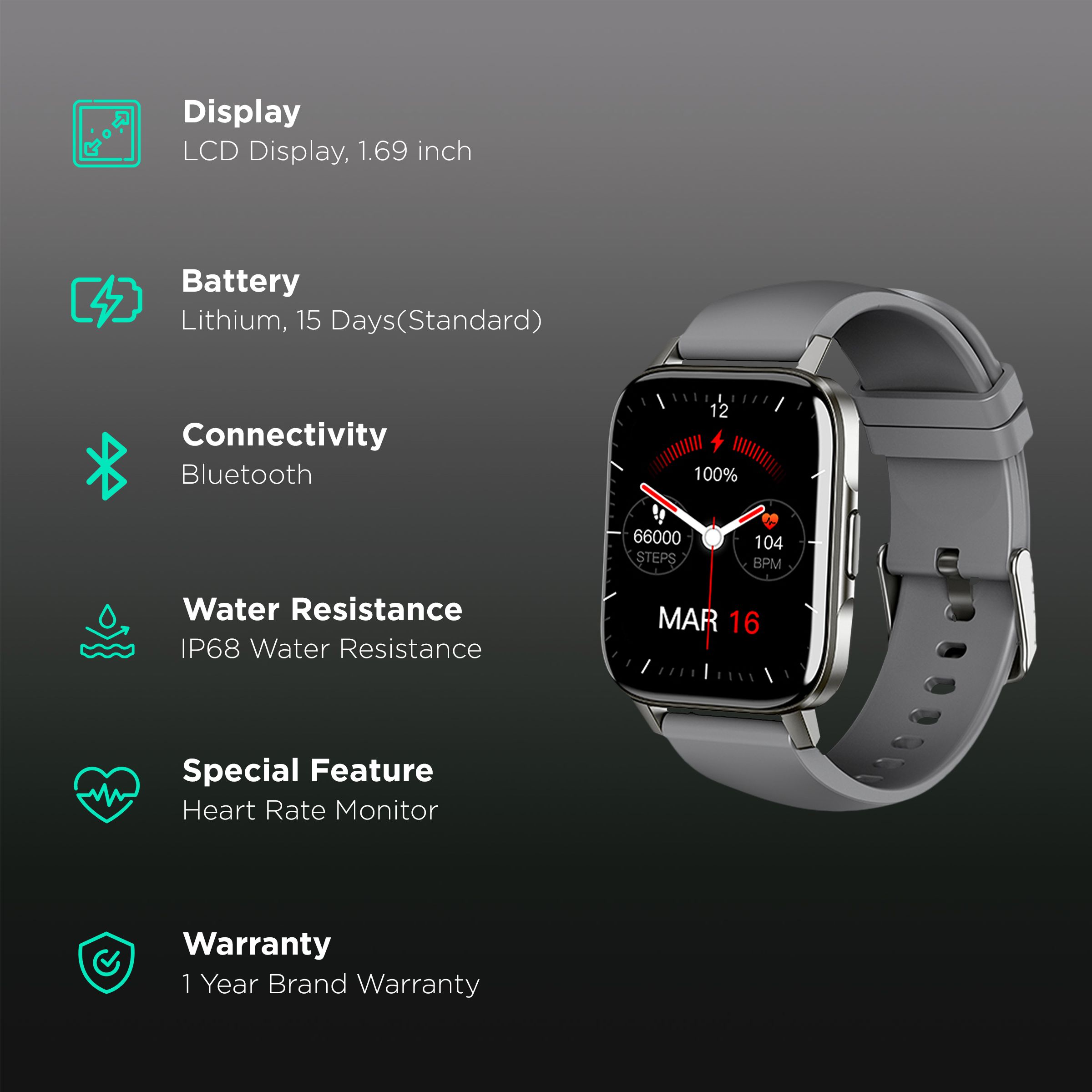 in base Urban Fit X Smartwatch with Activity Tracker (42.9mm LCD Display, IP68 Water Resistant, Grey Strap)_2