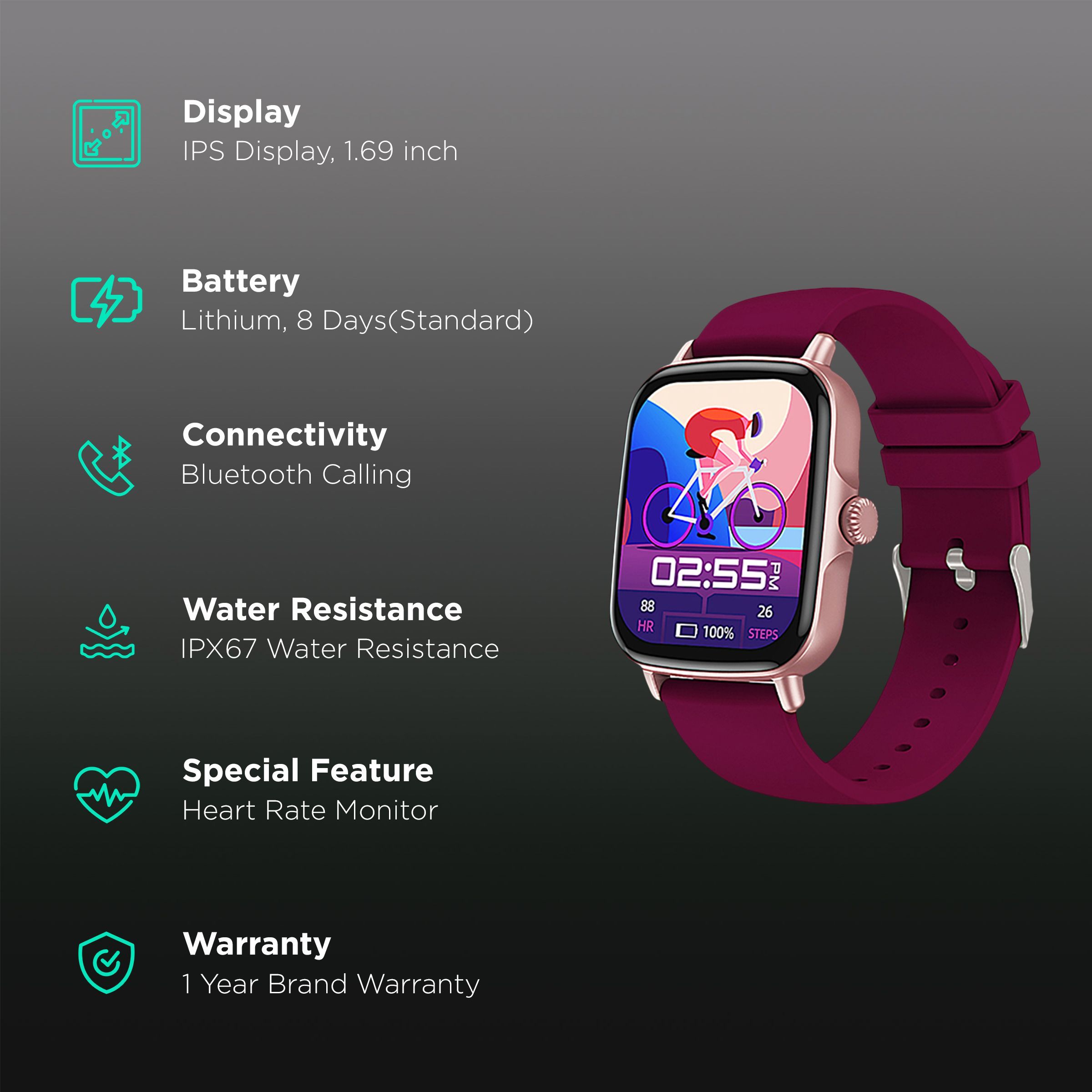 in base Urban LYF M Smartwatch with Bluetooth Calling (42.92mm IPS Display, IPX67 Water Resistant, Purple Strap)_2