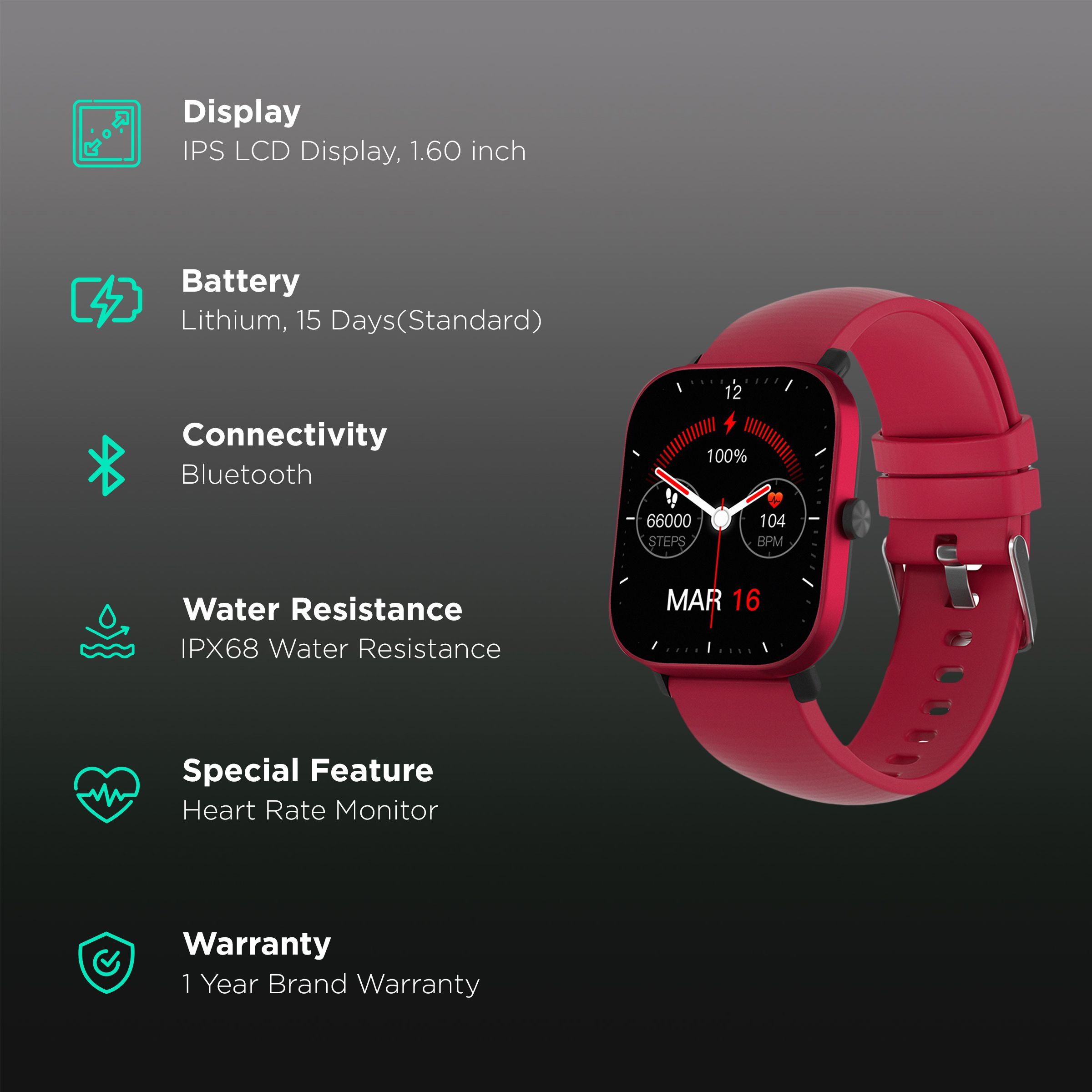 in base Urban Lite X Smartwatch with Activity Tracker (40.64mm IPS LCD Display, IPX68 Water Resistant, Red Strap)_2