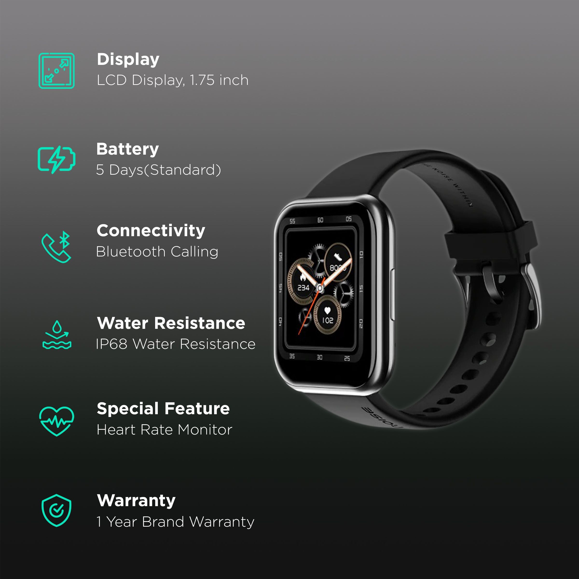 noise ColorFit Ultra Buzz Smartwatch with Bluetooth Calling (44.45mm LCD Display, IP68 Water Resistant, Charcoal Black Strap)_2