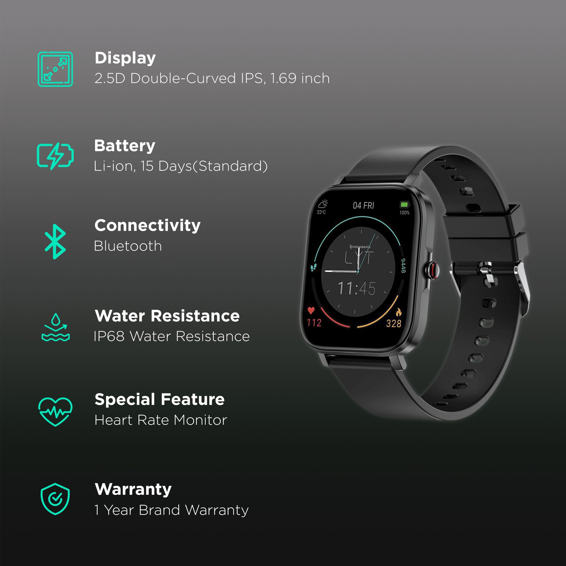 CROSSBEATS Ignite LYT Smartwatch with Activity Tracker (42.92mm 2.5D Double-Curved IPS Display, IP68 Water Resistant, Carbon Black Strap)_2