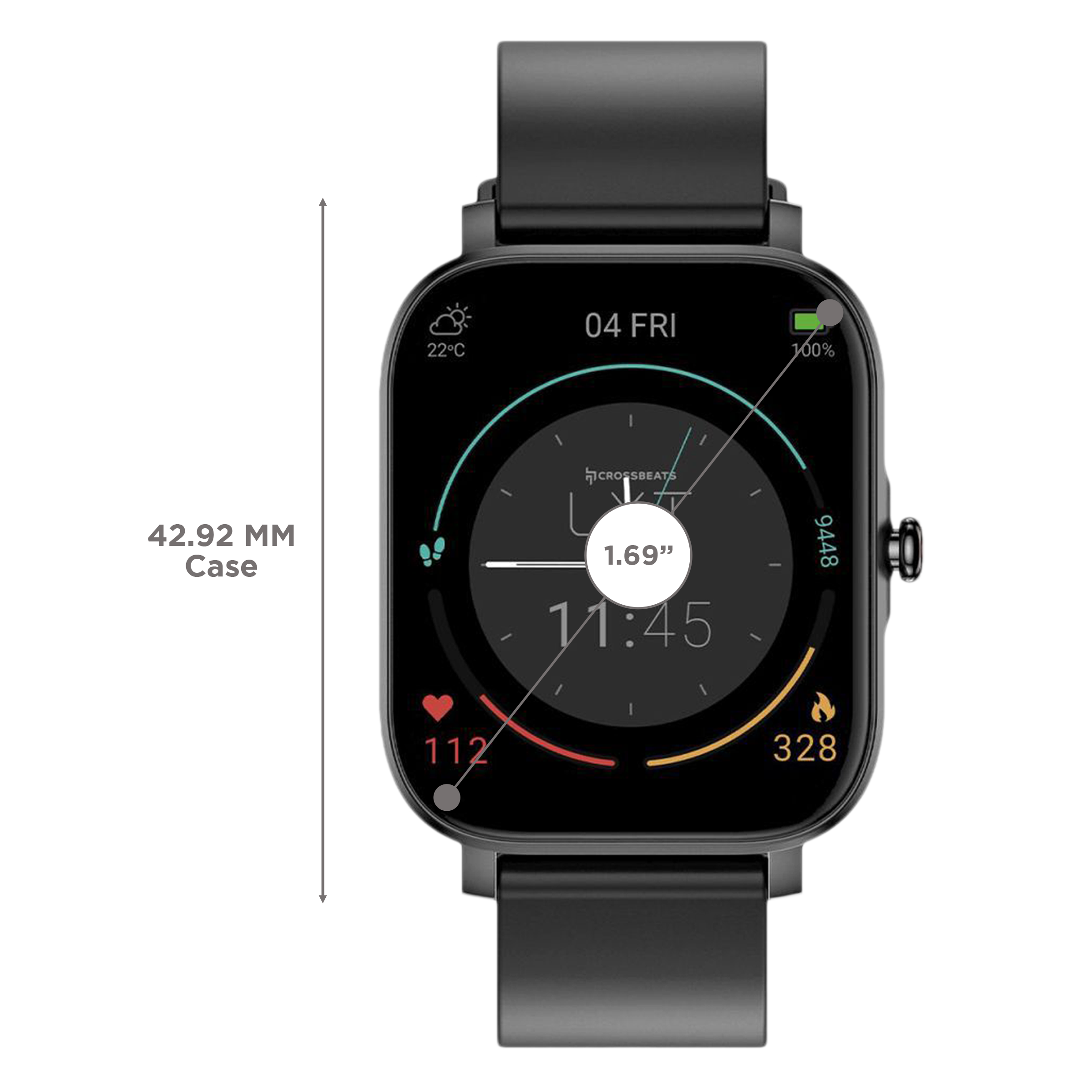 CROSSBEATS Ignite LYT Smartwatch with Activity Tracker (42.92mm 2.5D Double-Curved IPS Display, IP68 Water Resistant, Carbon Black Strap)_3