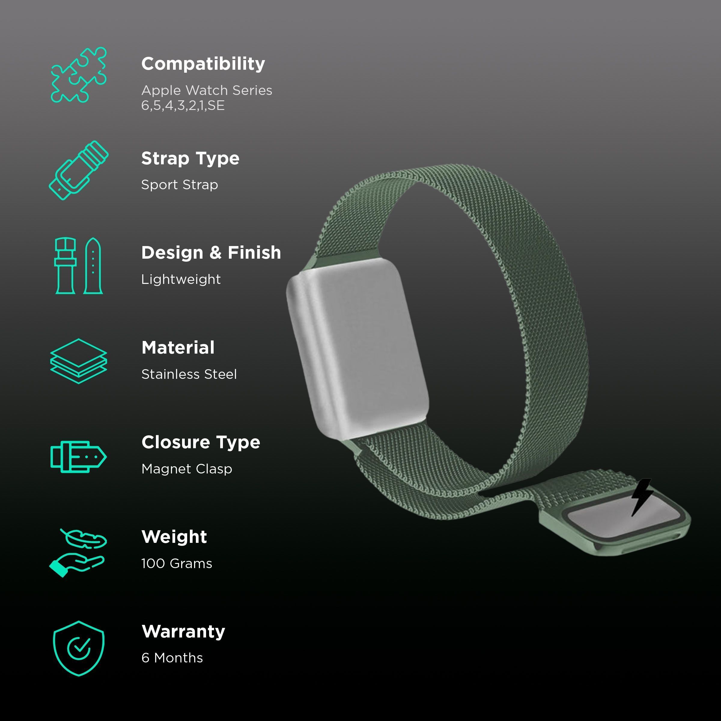 GRIPP Stainless Steel Magnetic Strap for Apple Watch Ultra 2, Watch Ultra, Watch Series SE, 4, 5, 6, 7, 8, 9 & 10 (44mm / 45mm / 46mm / 49mm) (Lightweight, Green)_2