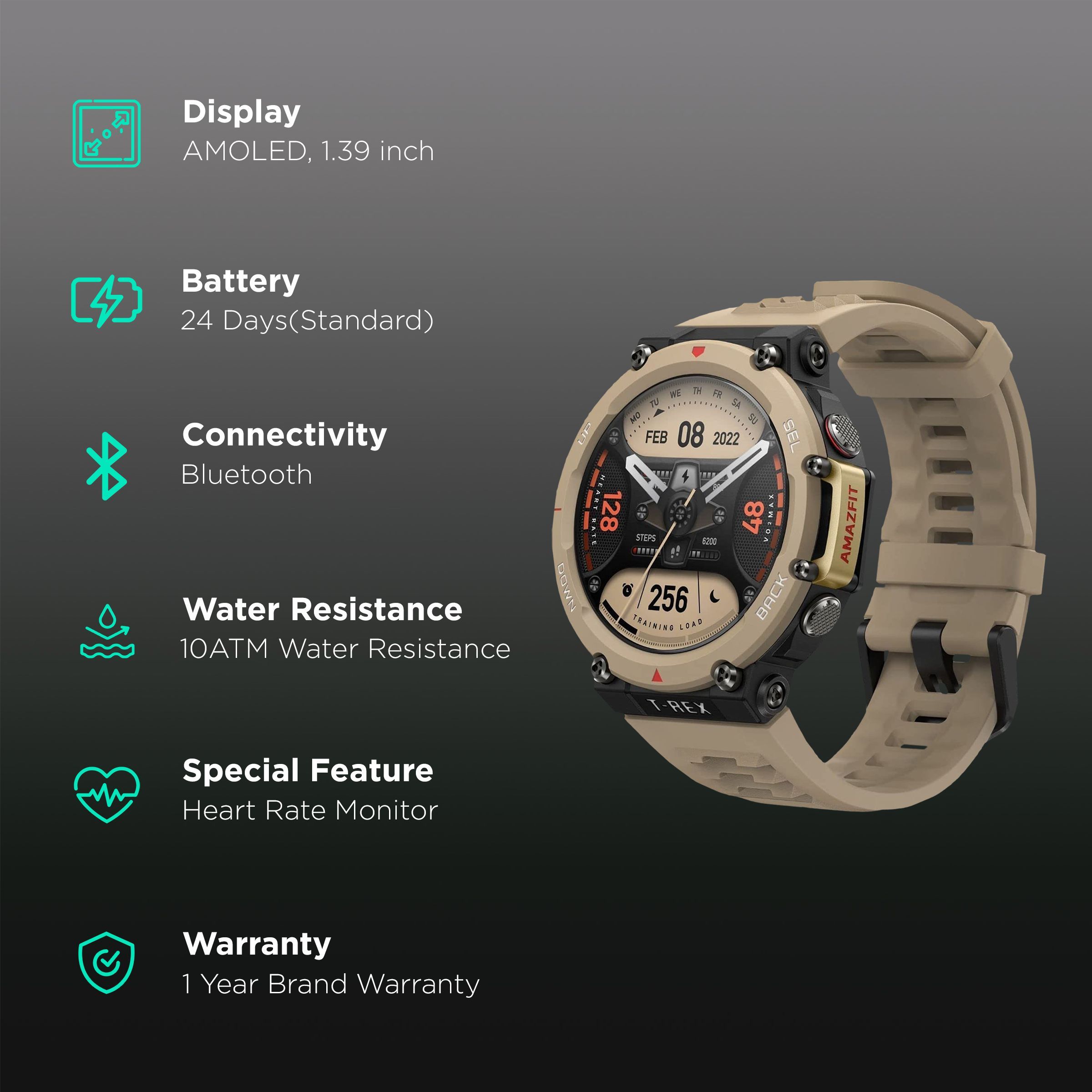 amazfit T-Rex 2 Smartwatch with Activity Tracker (35.3mm AMOLED Display, 10ATM Water Resistant, Desert Khaki Strap)_2