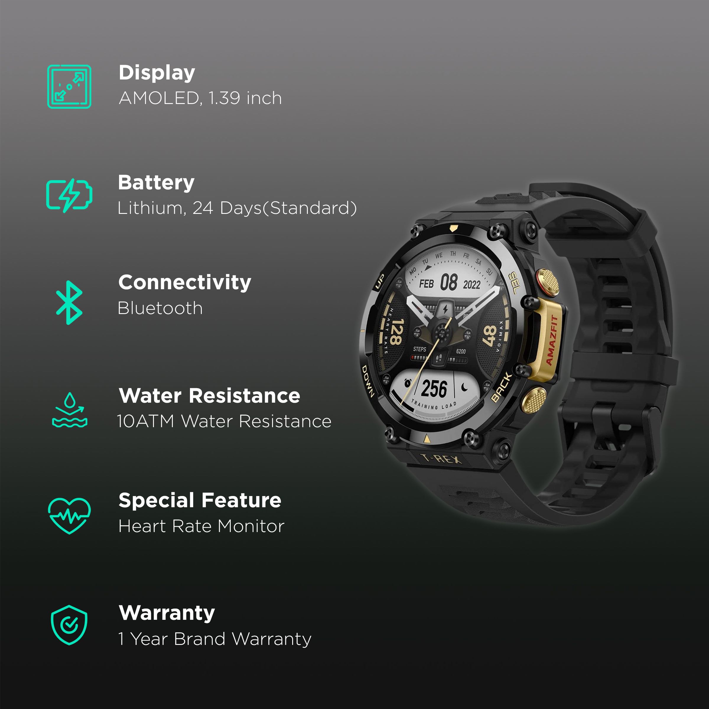 amazfit T-Rex 2 Smartwatch with Activity Tracker (35.3mm AMOLED Display, 10ATM Water Resistant, Astro Black Gold Strap)_2