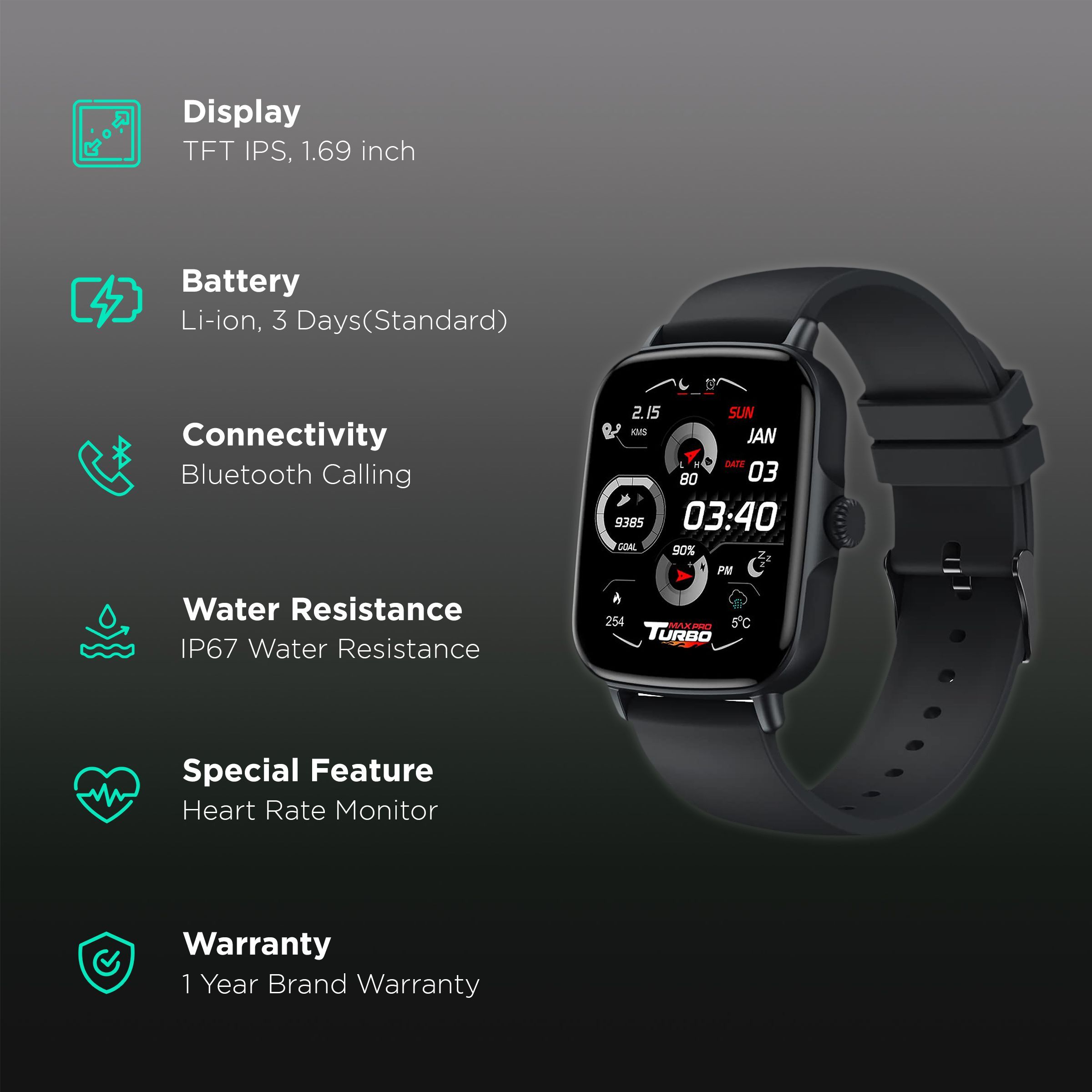 maxima Max Pro Turbo Smartwatch with Bluetooth Calling (42.9mm IPS HD Display, IP67 Water Resistant, Midnight Black Strap)_2