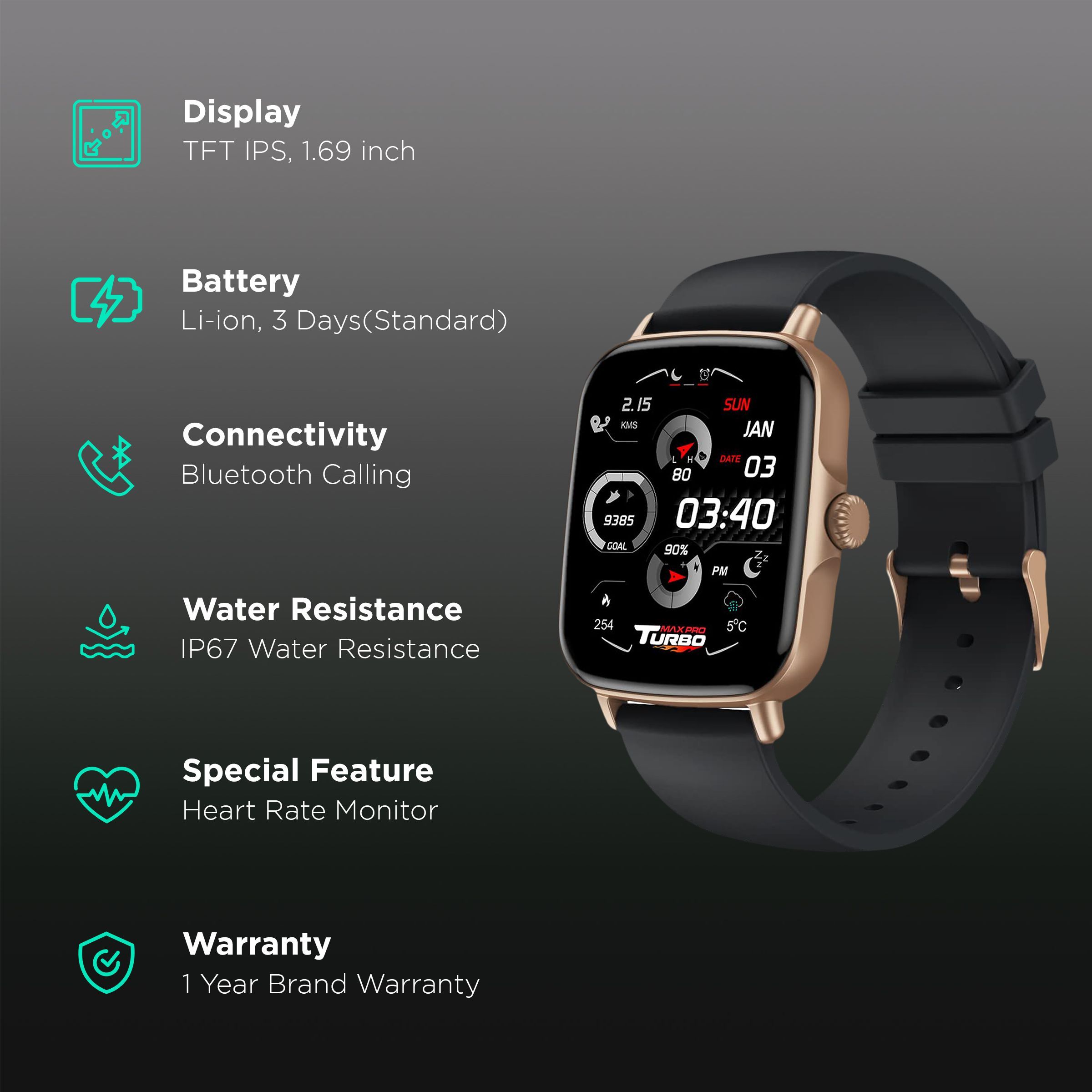 maxima Max Pro Turbo Smartwatch with Bluetooth Calling (42.9mm IPS HD Display, IP67 Water Resistant, Black Strap)_2