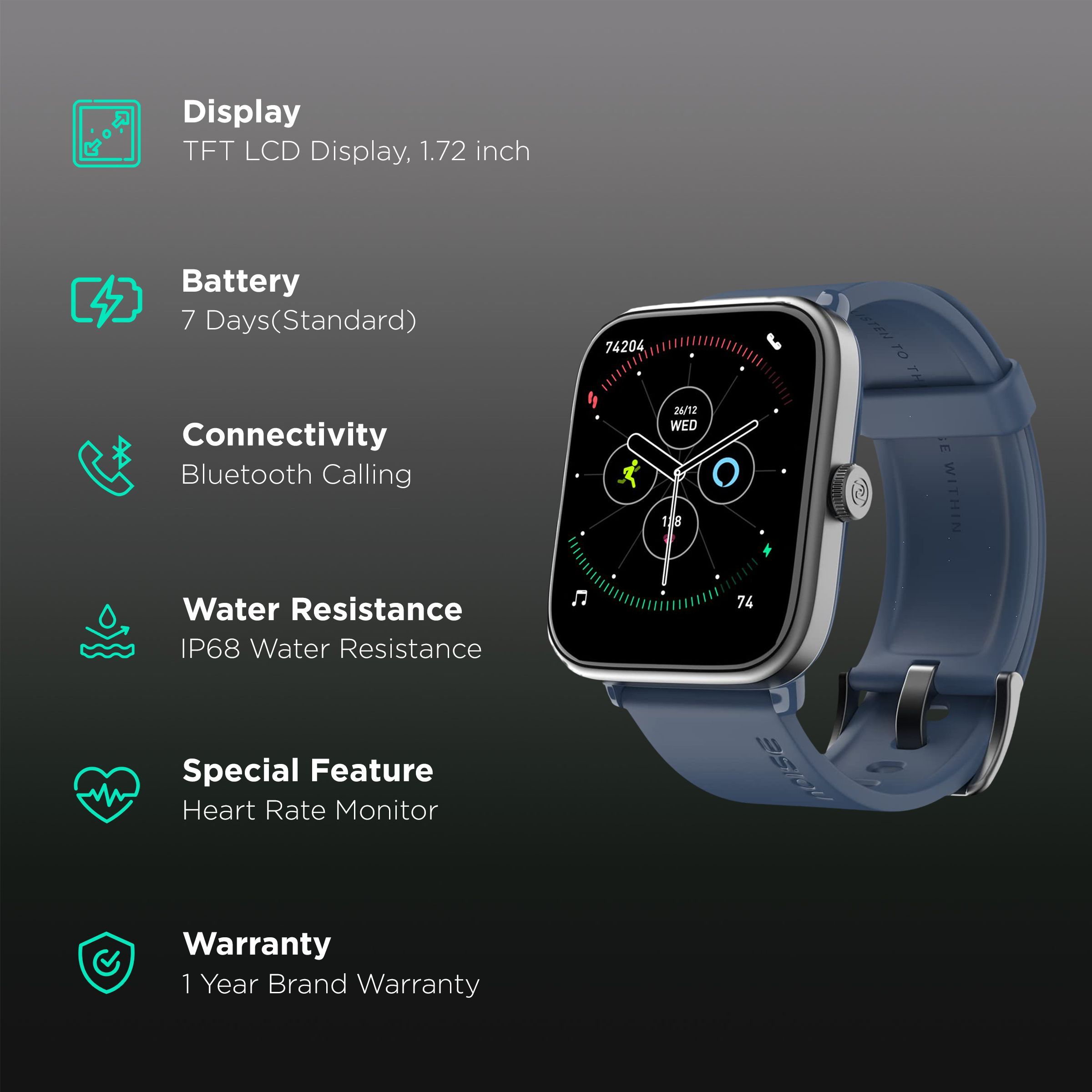 noise ColorFit Pro 4 Smartwatch with Bluetooth Calling (43.68mm TFT LCD Display, IP68 Water Resistant, Midnight Blue Strap)_2