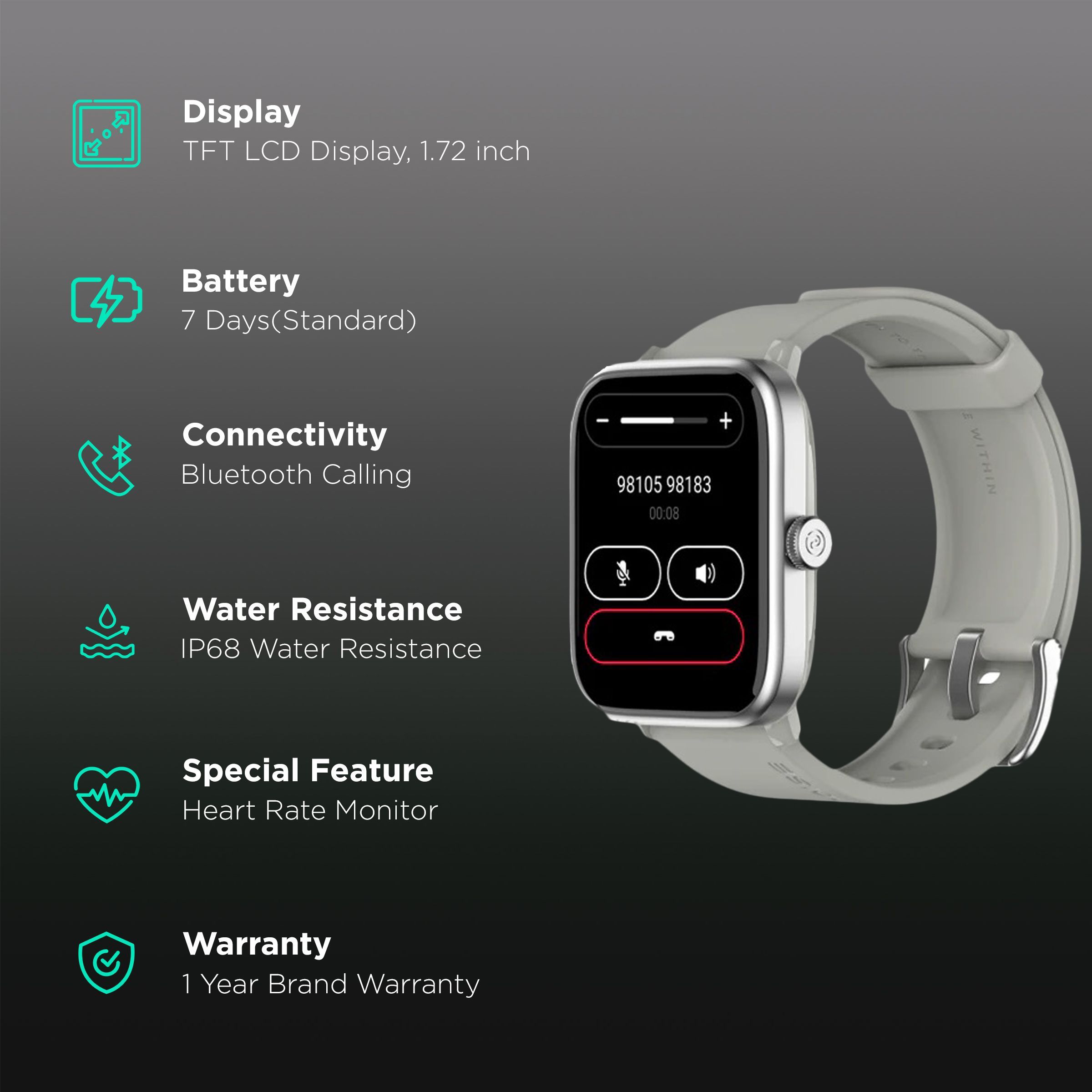 noise ColorFit Pro 4 Smartwatch with Bluetooth Calling (43.68mm TFT LCD Display, IP68 Water Resistant, Grey Strap)_2