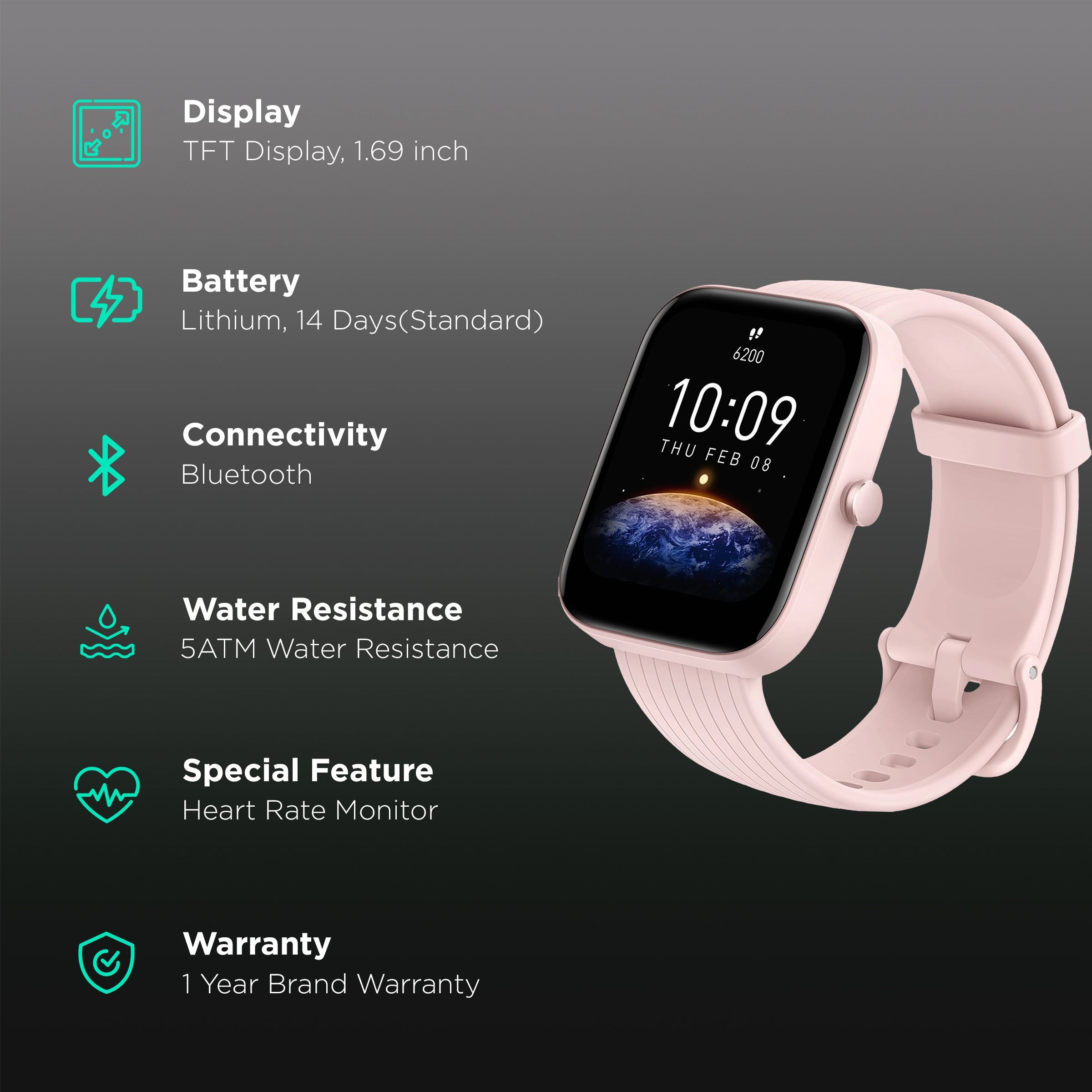 amazfit Bip 3 Pro Smartwatch with Activity Tracker (42.92mm TFT Display, 5ATM Water Resistant, Pink Strap)_2