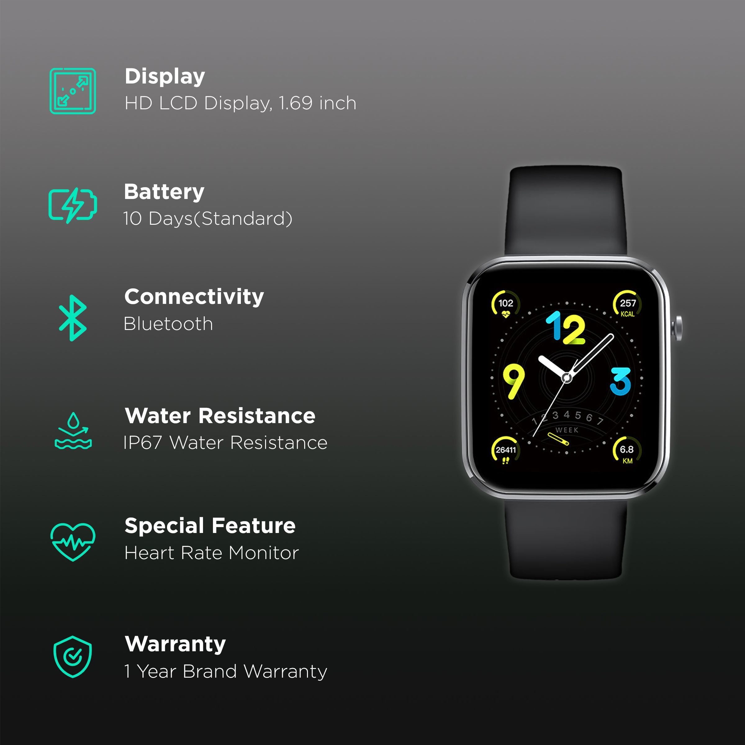 JUST CORSECA Sportivo Smartwatch with Activity Tracker (42.92mm HD LCD Display, IP67 Water Resistant, Black Strap)_2