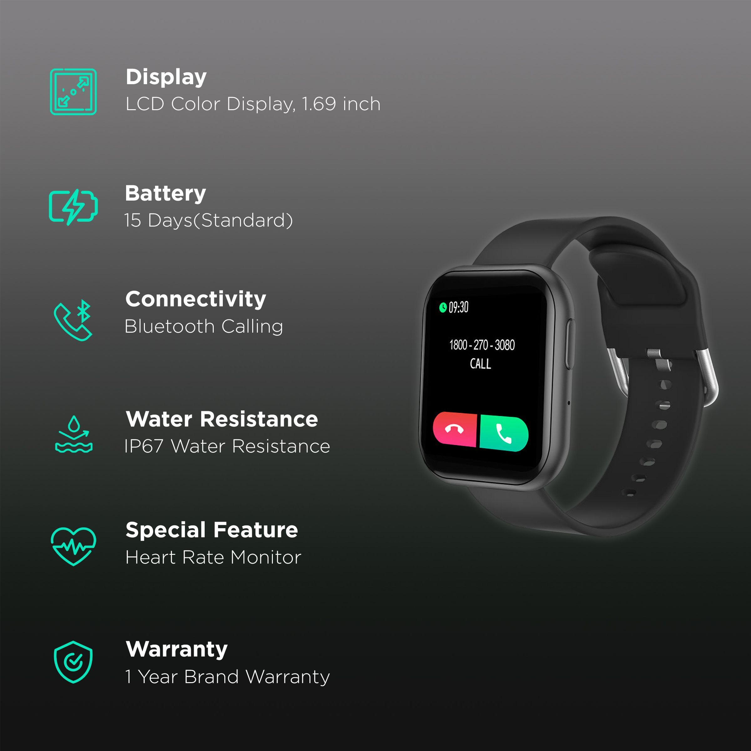 JUST CORSECA Snugar Smartwatch with Bluetooth Calling (42.92mm LCD Color Display, IP67 Water Resistant, Black Strap)_2
