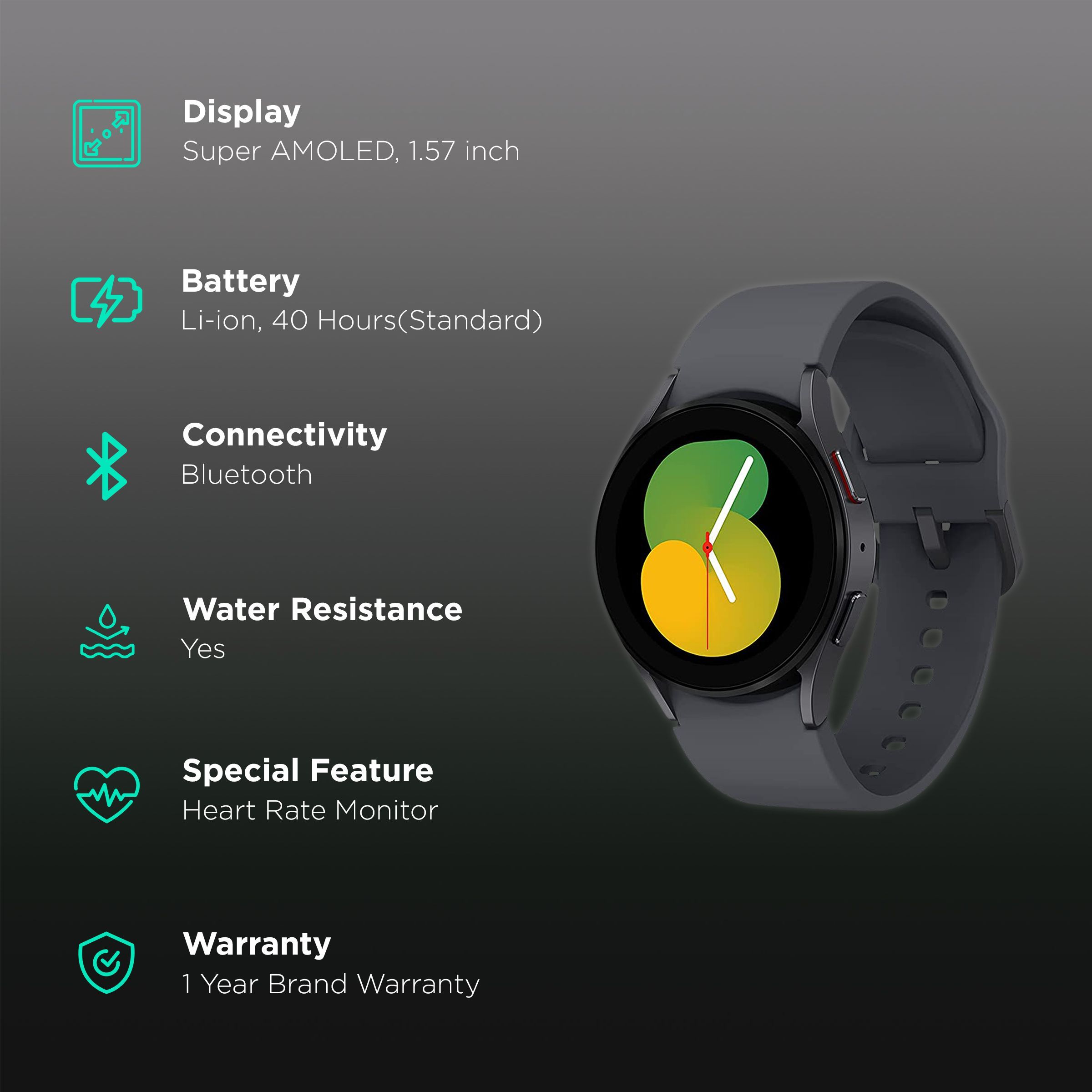 SAMSUNG Galaxy Watch5 GPS+Wi-Fi+4G SIM+Bluetooth Wear OS Smartwatch (40mm Super AMOLED Display, Water Resistant, Graphite Strap)_2