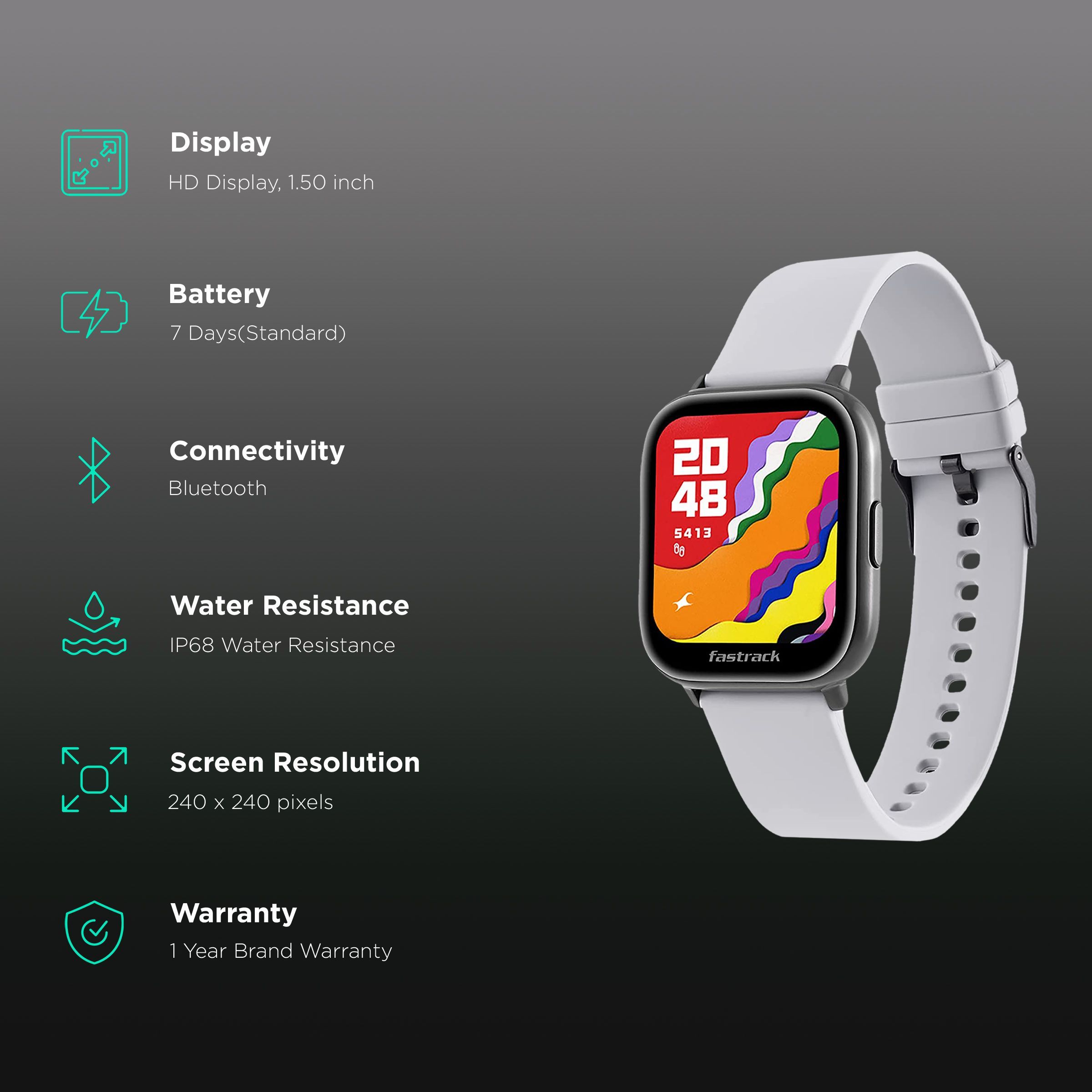 fastrack Reflex Vybe Smartwatch with Activity Tracker (38.10mm HD Display, IP68 Water Resistant, Grey Strap)_2