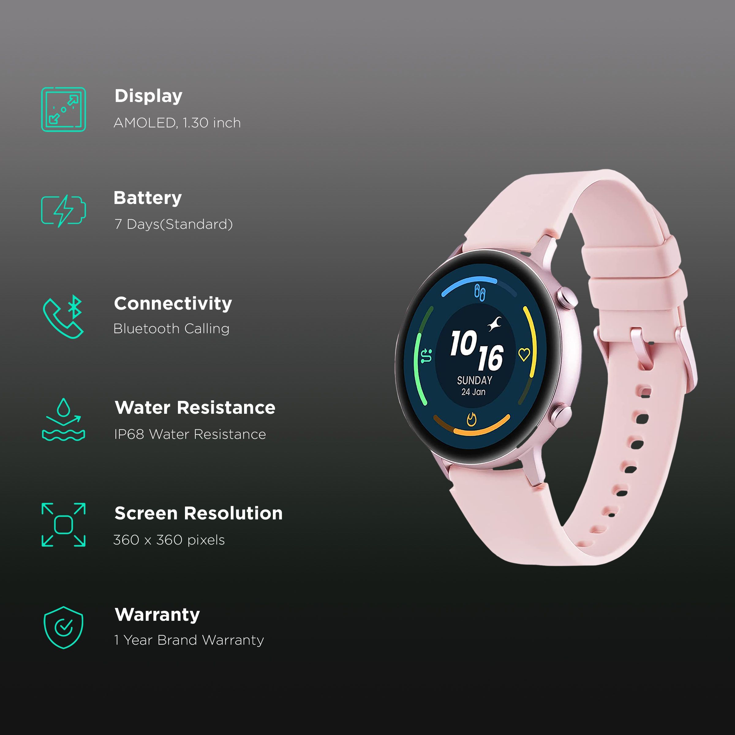 fastrack Reflex Play Plus Smartwatch with Bluetooth Calling (33.02mm AMOLED Display, IP68 Water Resistant, Pink Strap)_2